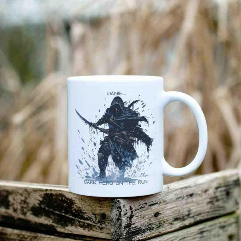 Personalisierte Tasse Dark Hero-Grafik.