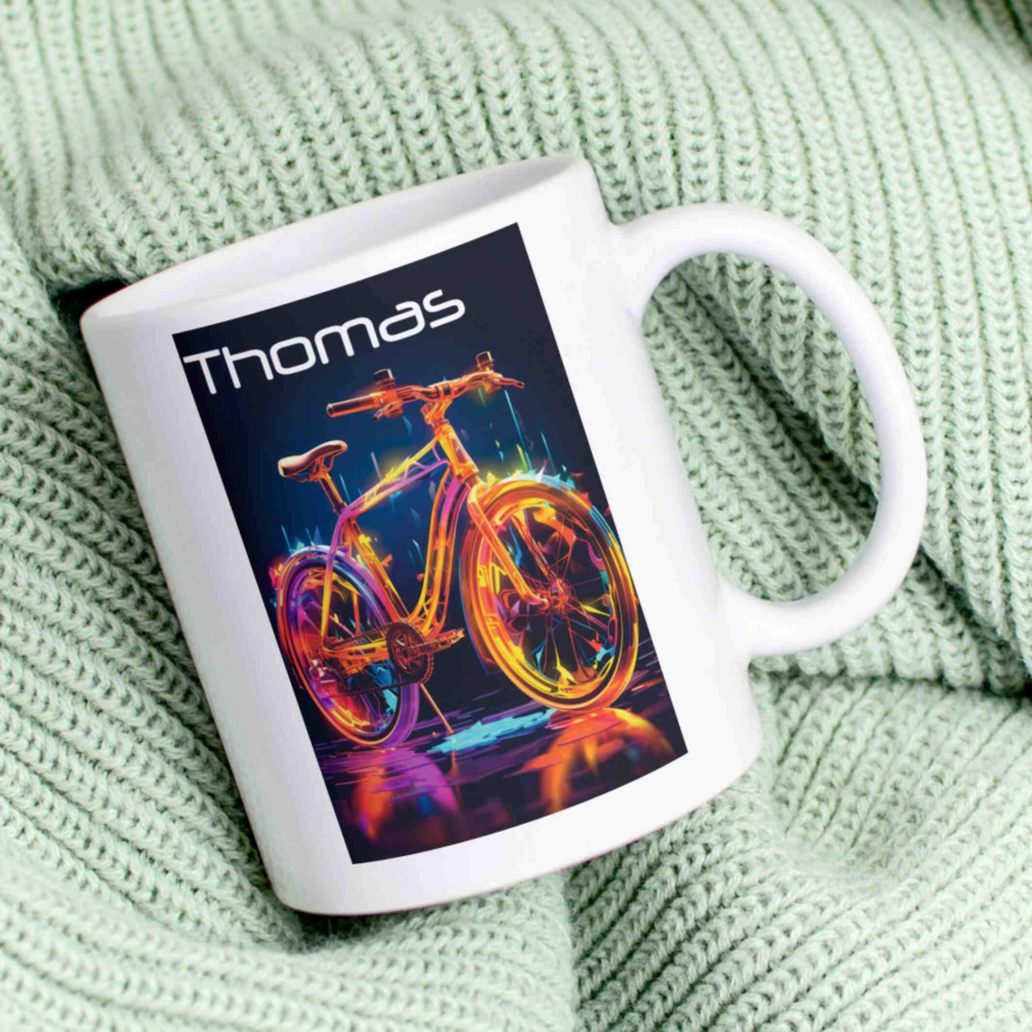 Personalisierte Tasse Neon-Fahrrad.