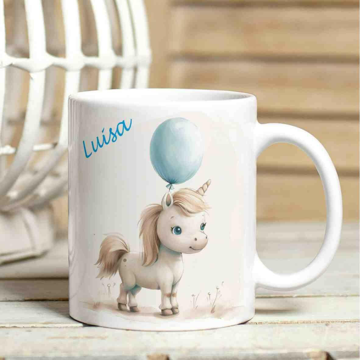 Personalisierte Tasse Pony blauer Ballon.