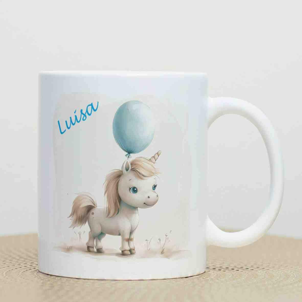 Personalisierte Tasse Pony blauer Ballon.