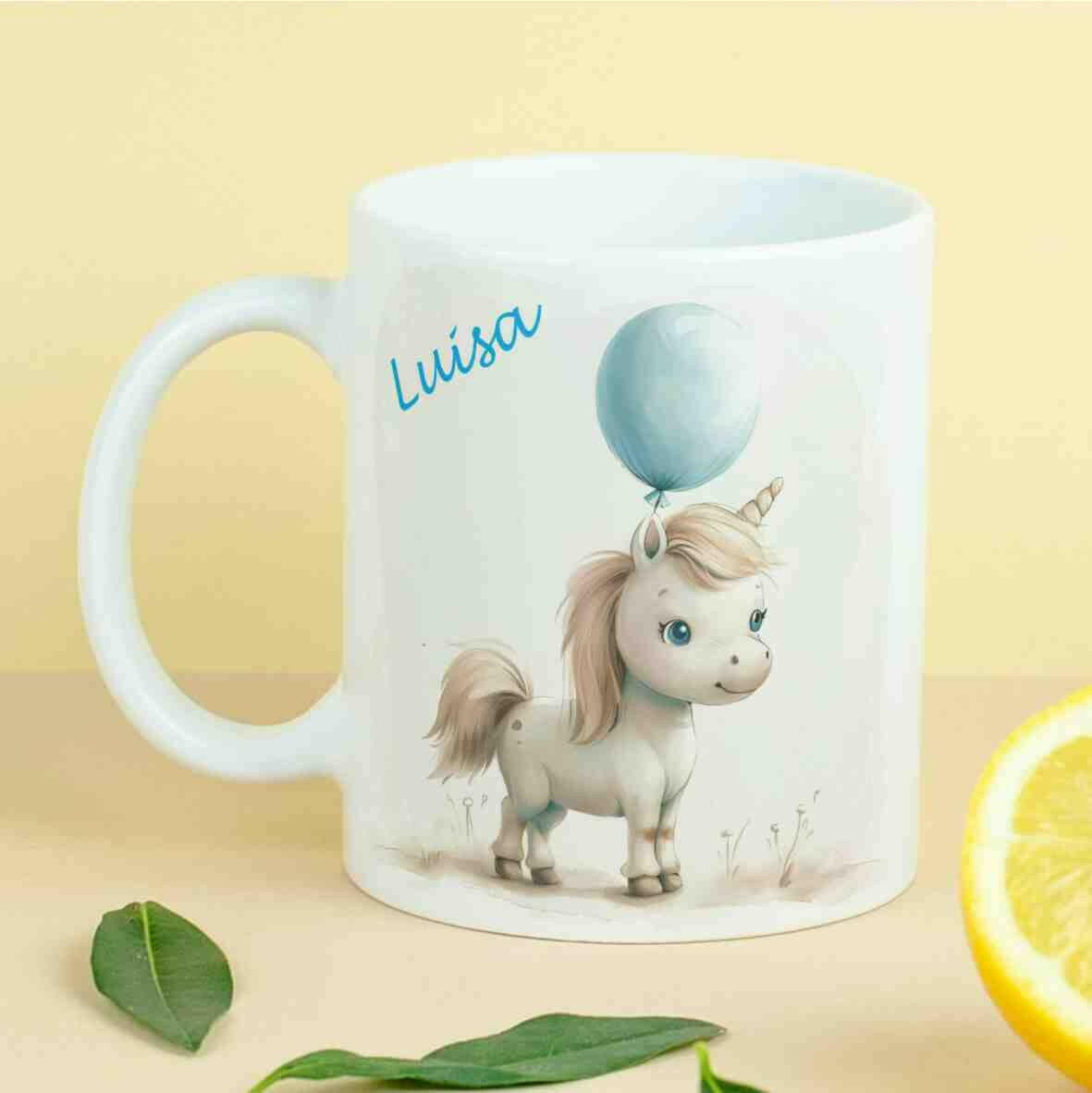 Personalisierte Tasse Pony blauer Ballon.