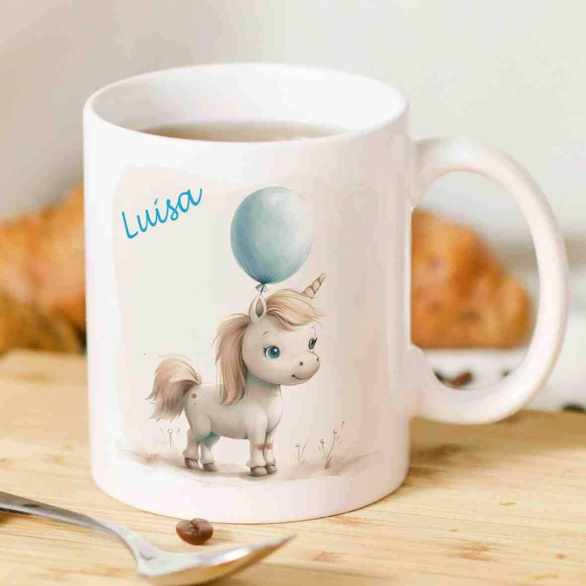 Personalisierte Tasse Pony blauer Ballon.