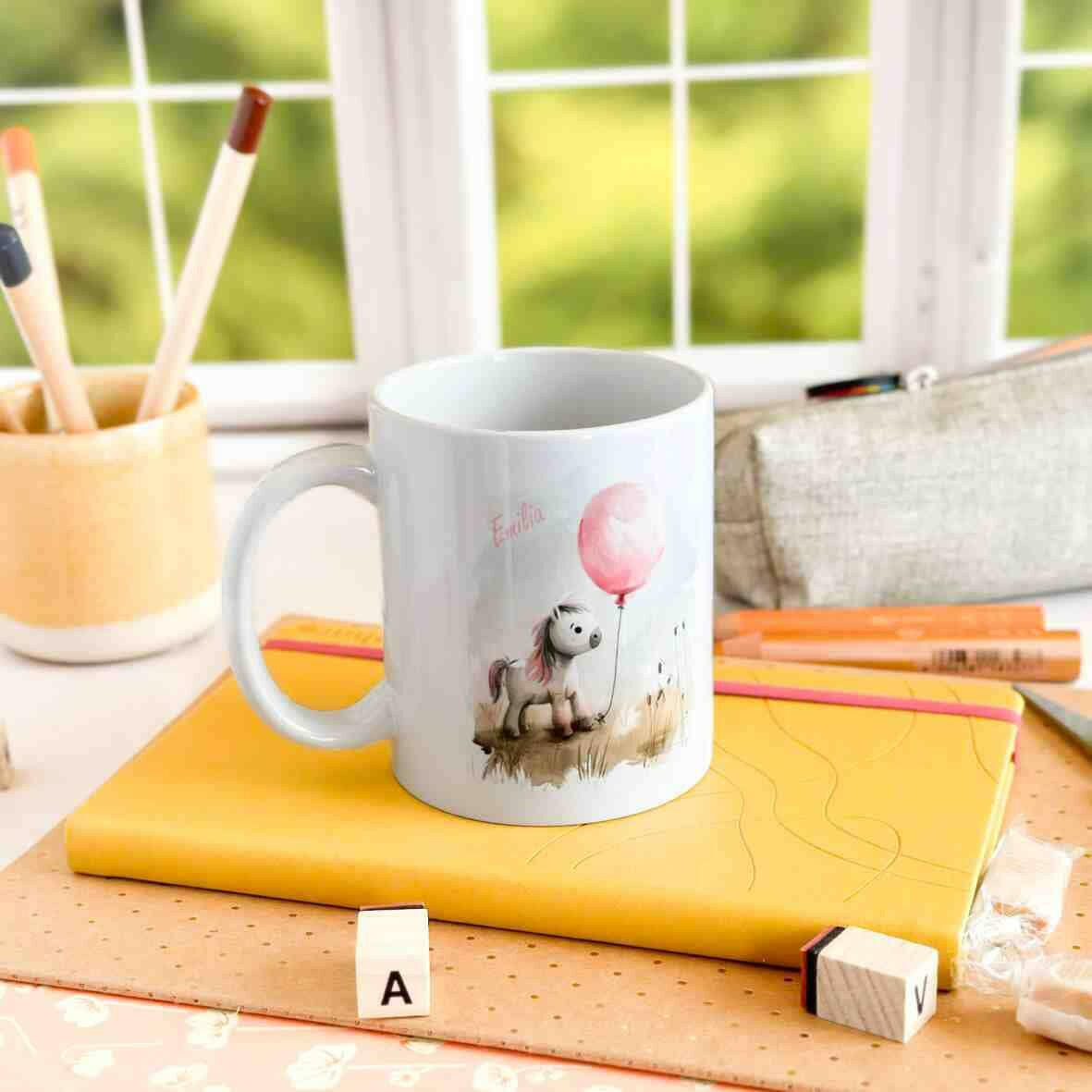 Personalisierte Tasse Pony rosa Ballon.