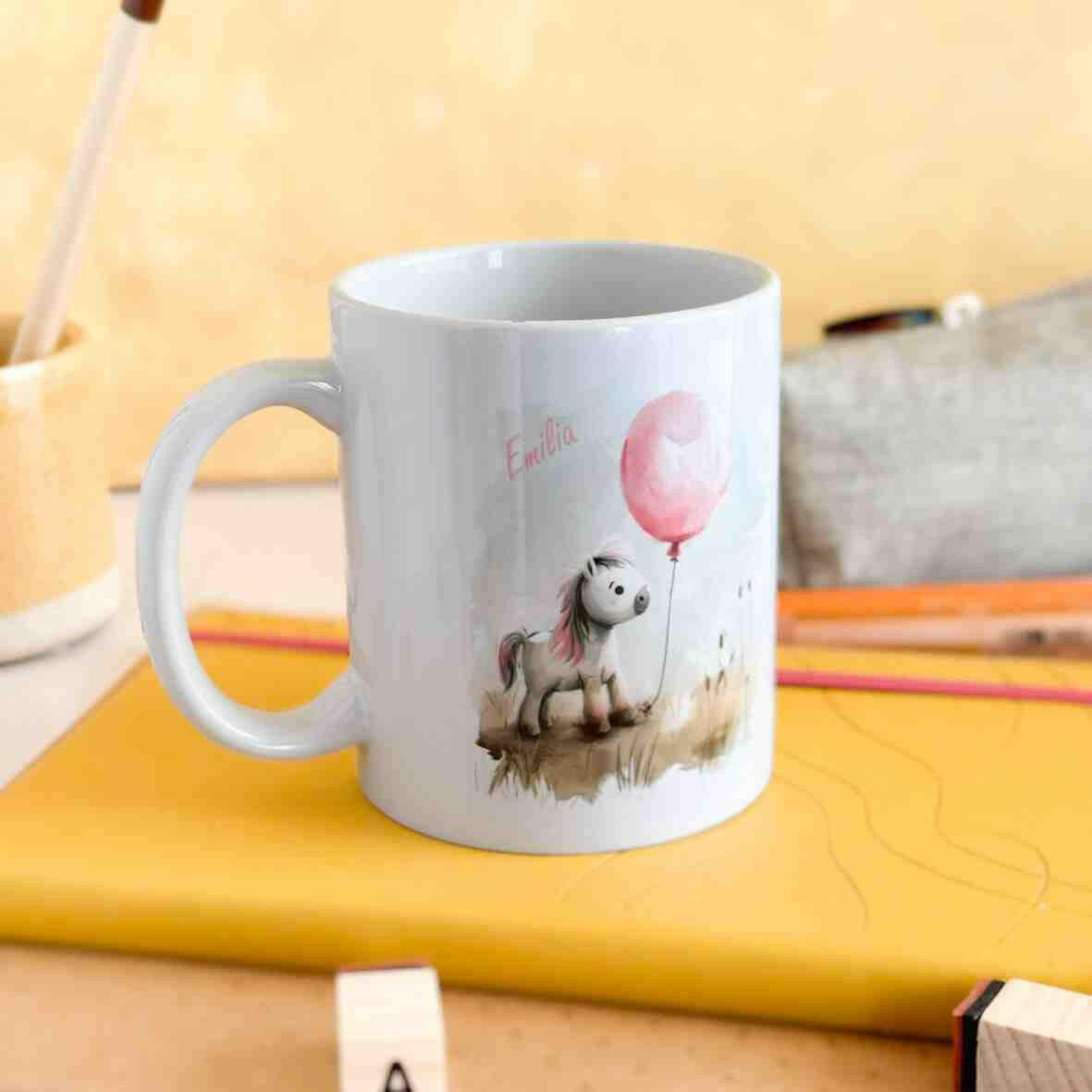 Personalisierte Tasse Pony rosa Ballon.