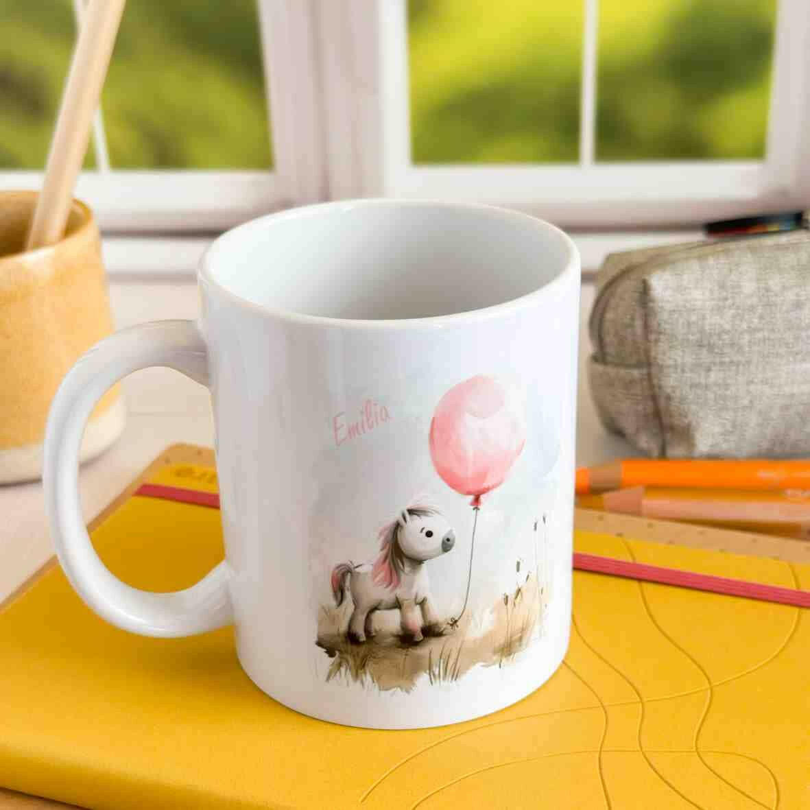 Personalisierte Tasse Pony rosa Ballon.