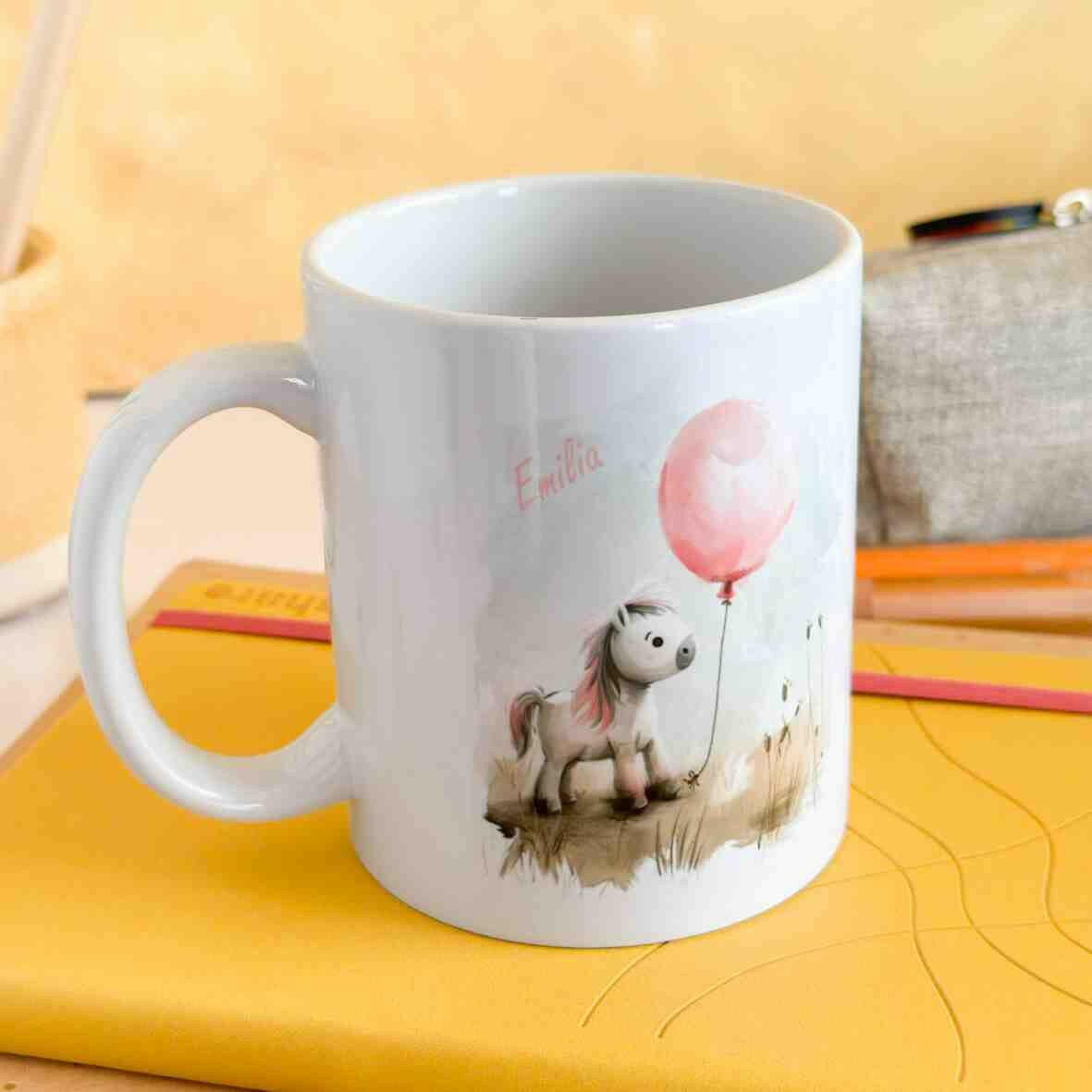 Personalisierte Tasse Pony rosa Ballon.