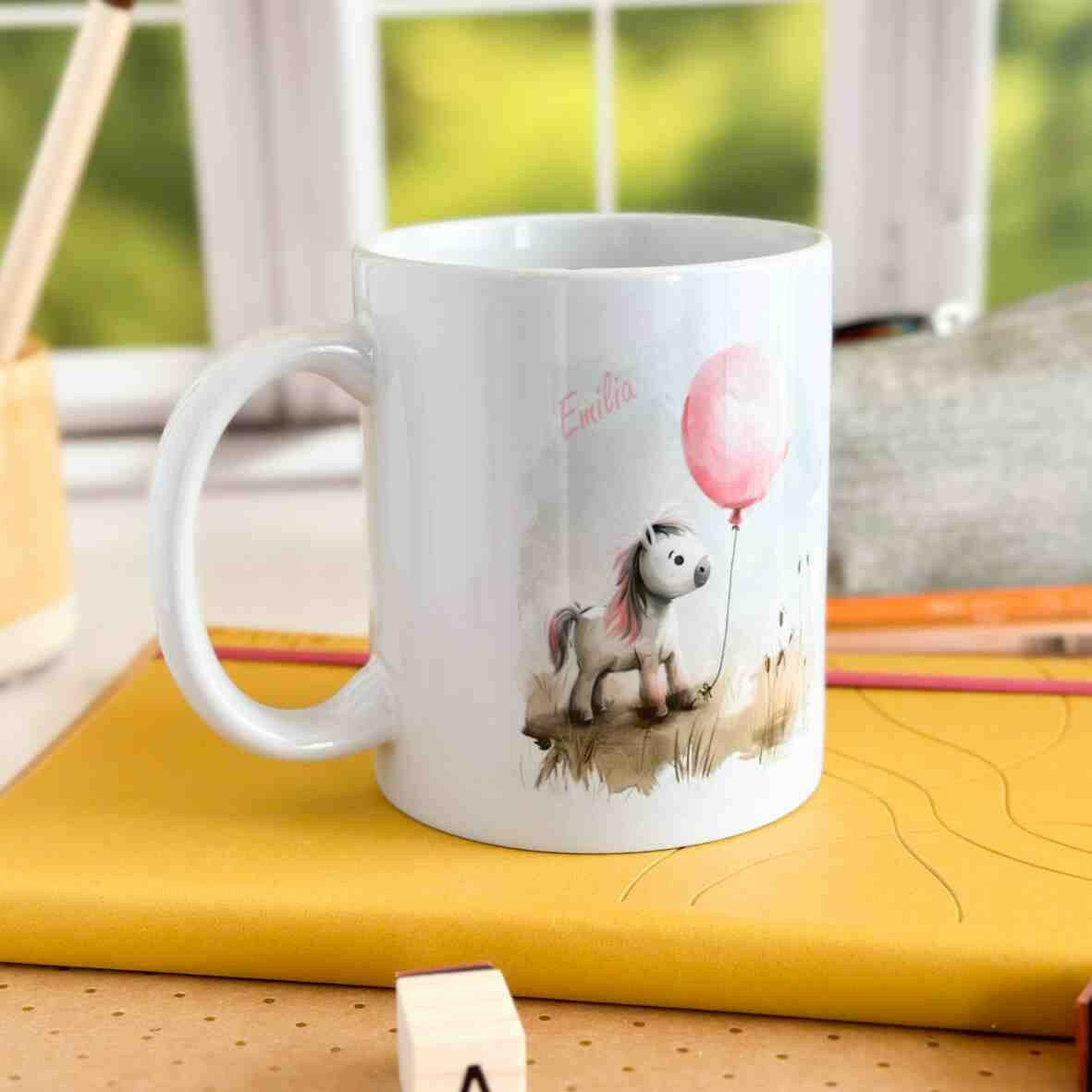 Personalisierte Tasse Pony rosa Ballon.