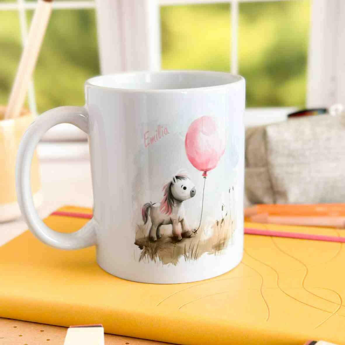 Personalisierte Tasse Pony rosa Ballon.