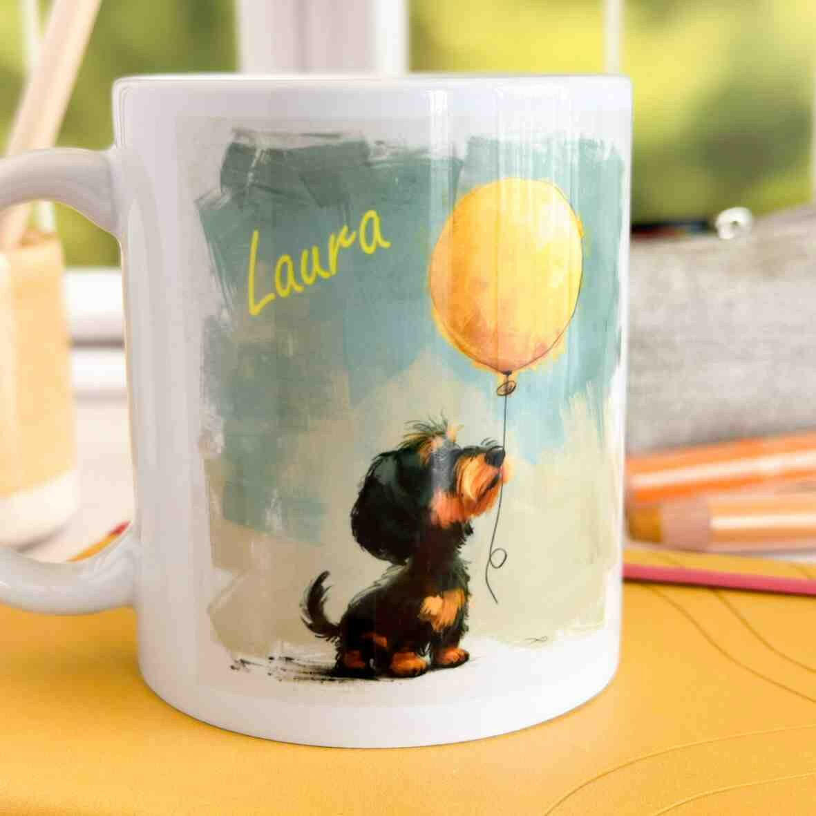 Personalisierte Tasse Rauhaardackel Ballon.