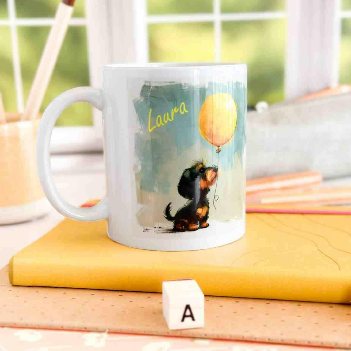 Personalisierte Tasse Rauhaardackel Ballon.