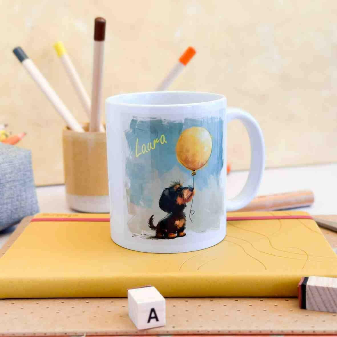 Personalisierte Tasse Rauhaardackel Ballon.