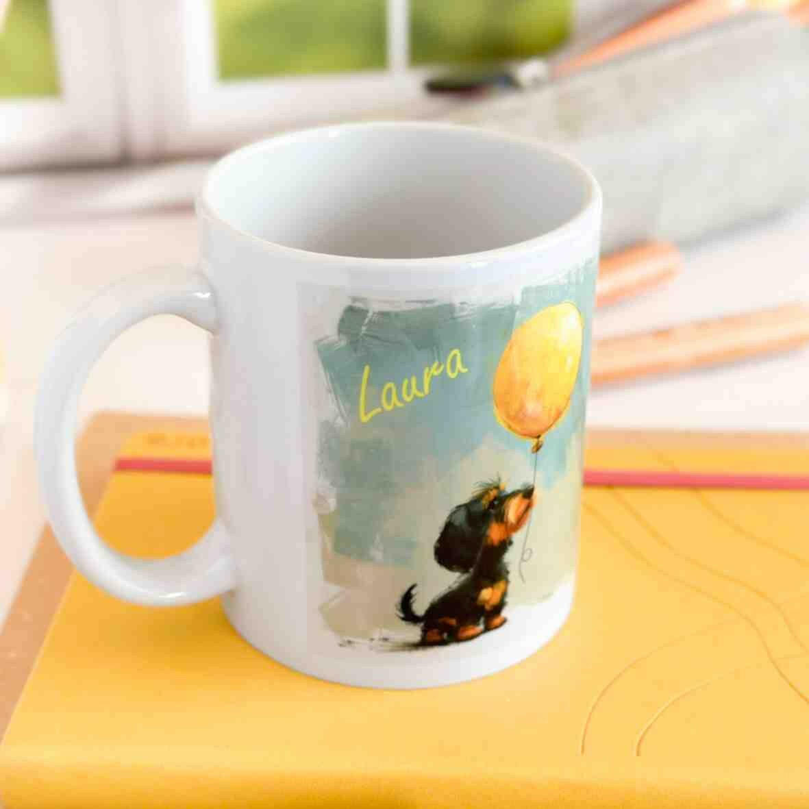 Personalisierte Tasse Rauhaardackel Ballon.