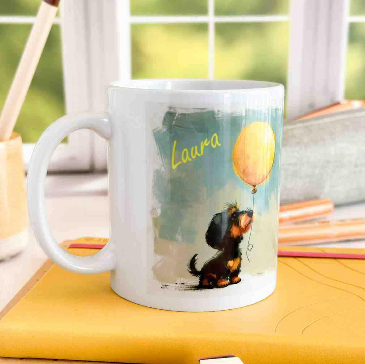 Personalisierte Tasse Rauhaardackel Ballon.