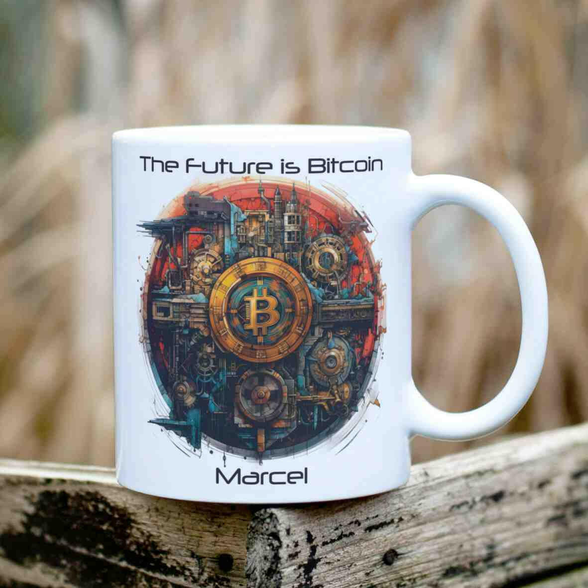Personalisierte Tasse The Future is Bitcoin-Grafik.