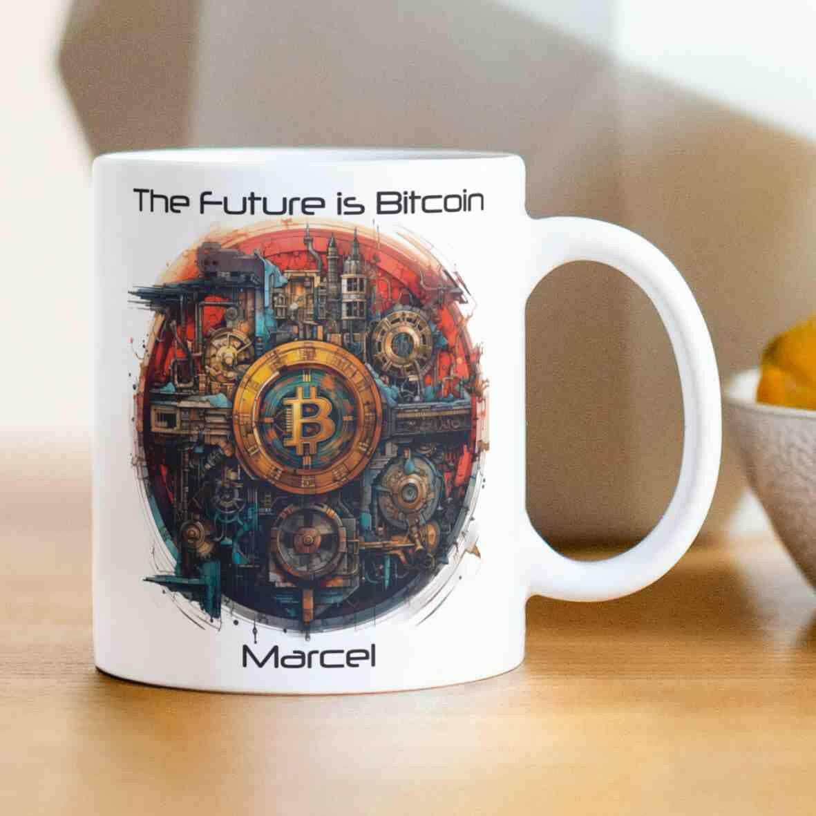 Personalisierte Tasse The Future is Bitcoin-Grafik.