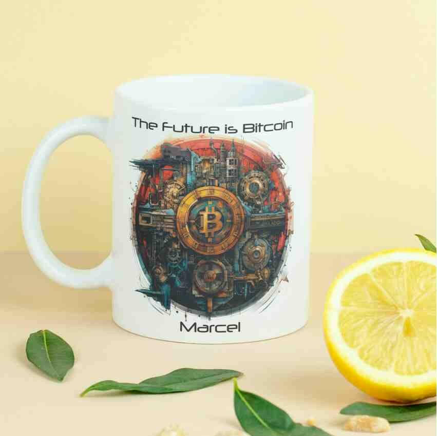 Personalisierte Tasse The Future is Bitcoin-Grafik.