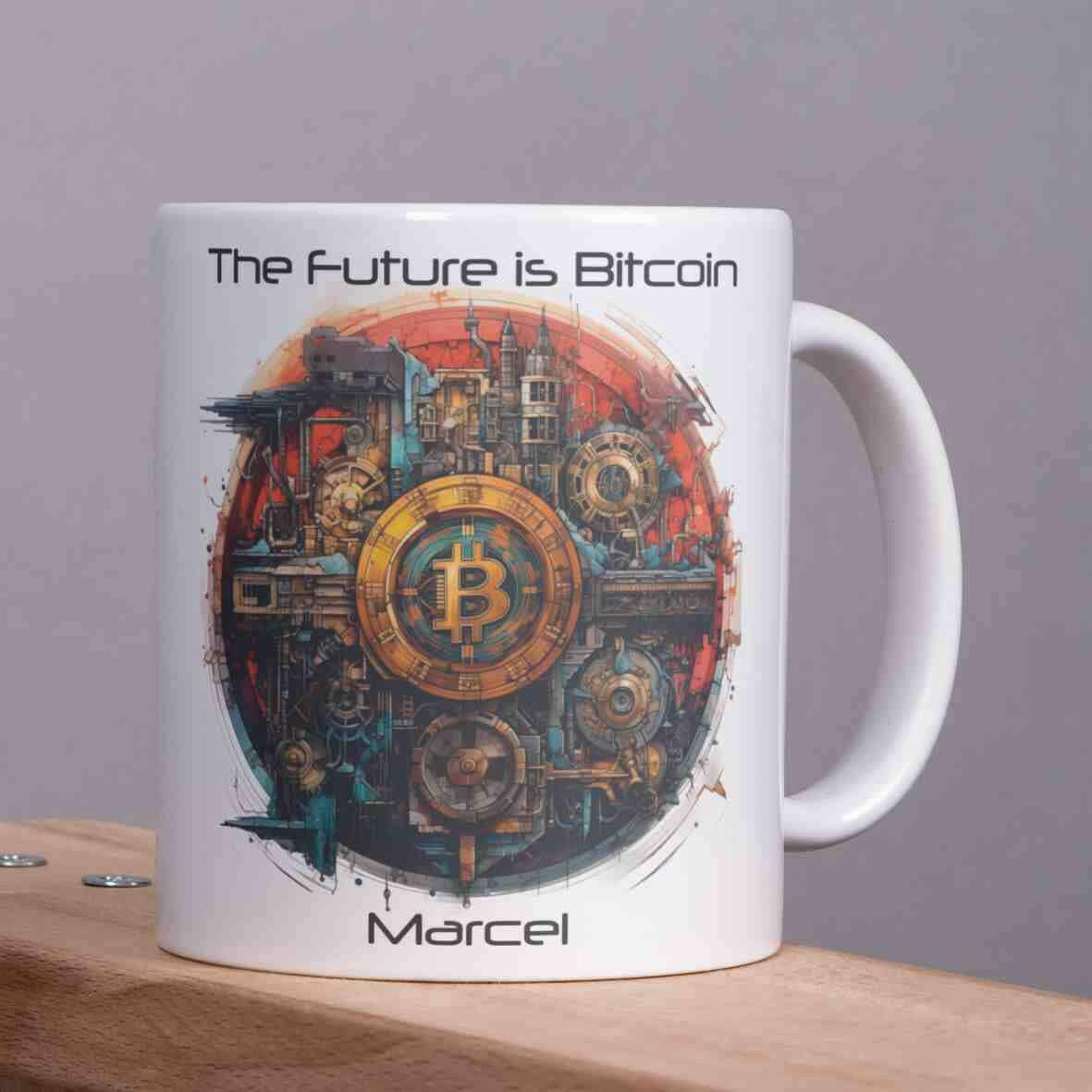 Personalisierte Tasse The Future is Bitcoin-Grafik.