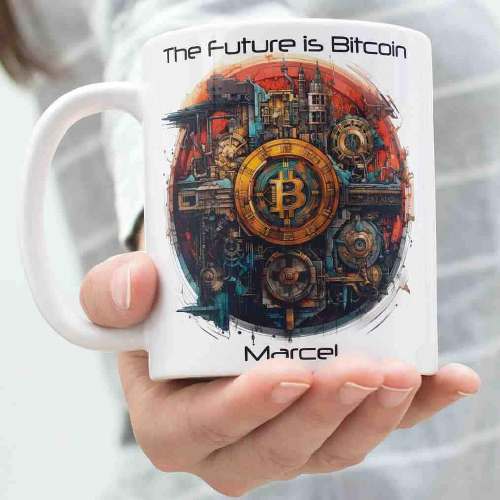 Personalisierte Tasse The Future is Bitcoin-Grafik.