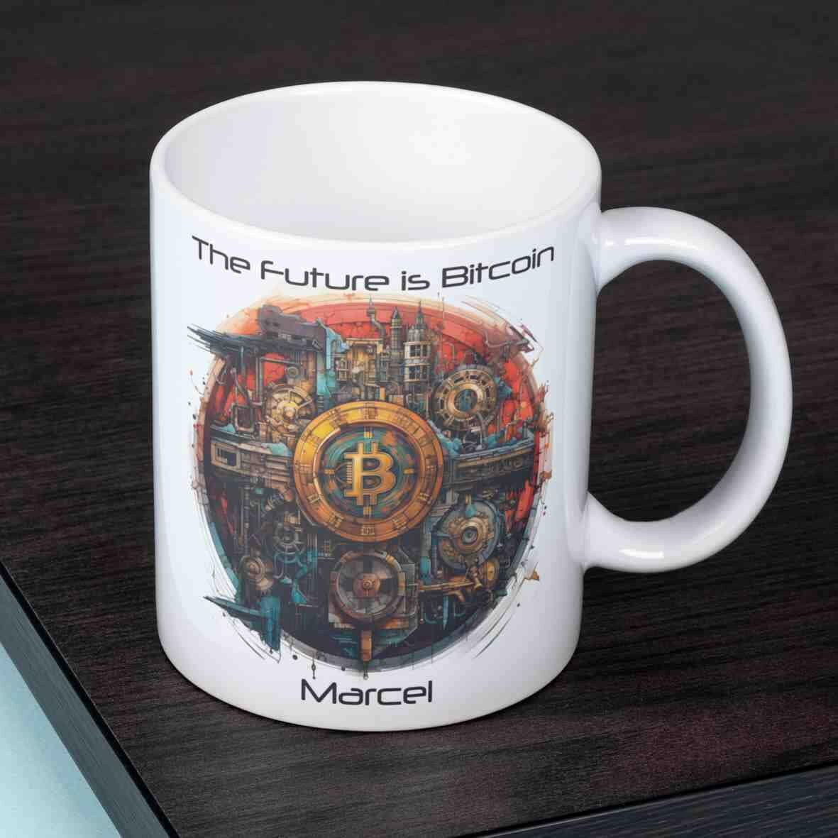 Personalisierte Tasse The Future is Bitcoin-Grafik.