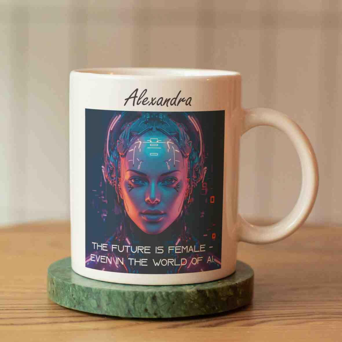 Personalisierte Tasse The Future is Female-Grafik.