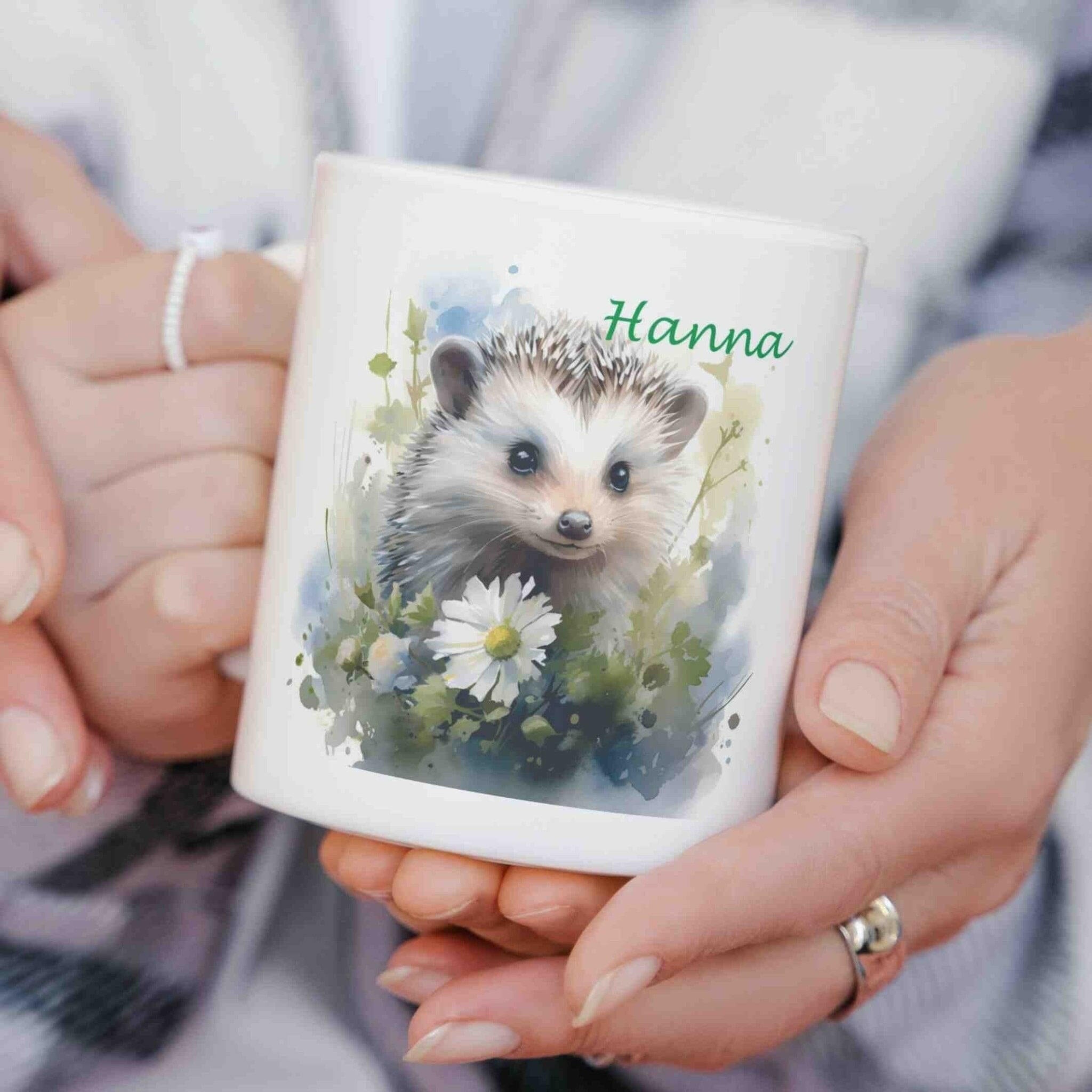 Personalisierte Tasse weißer Igel.
