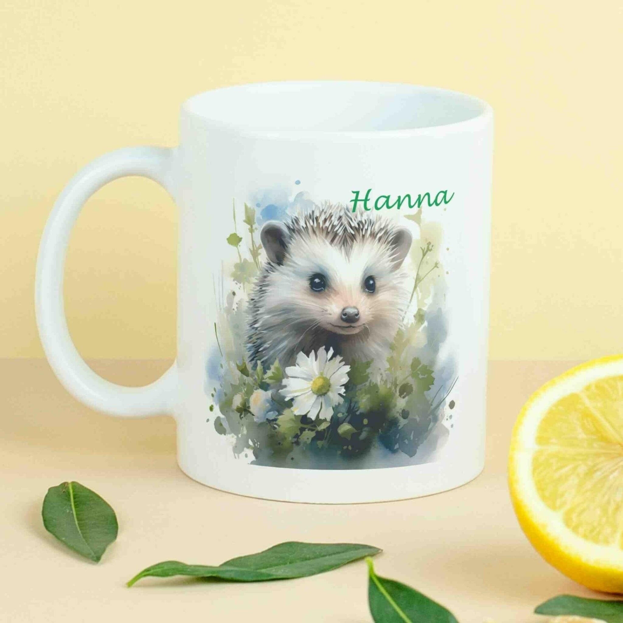 Personalisierte Tasse weißer Igel.
