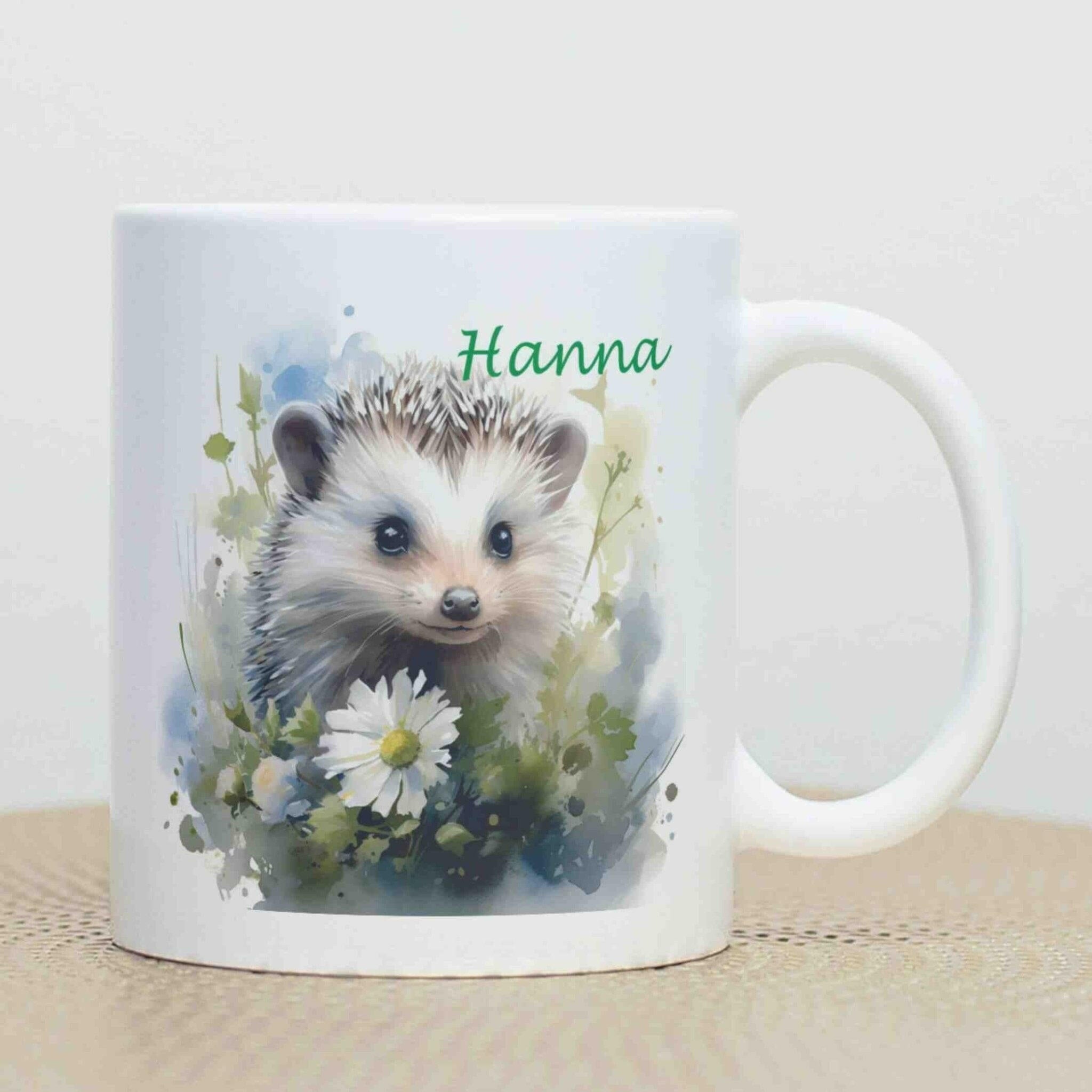 Personalisierte Tasse weißer Igel.