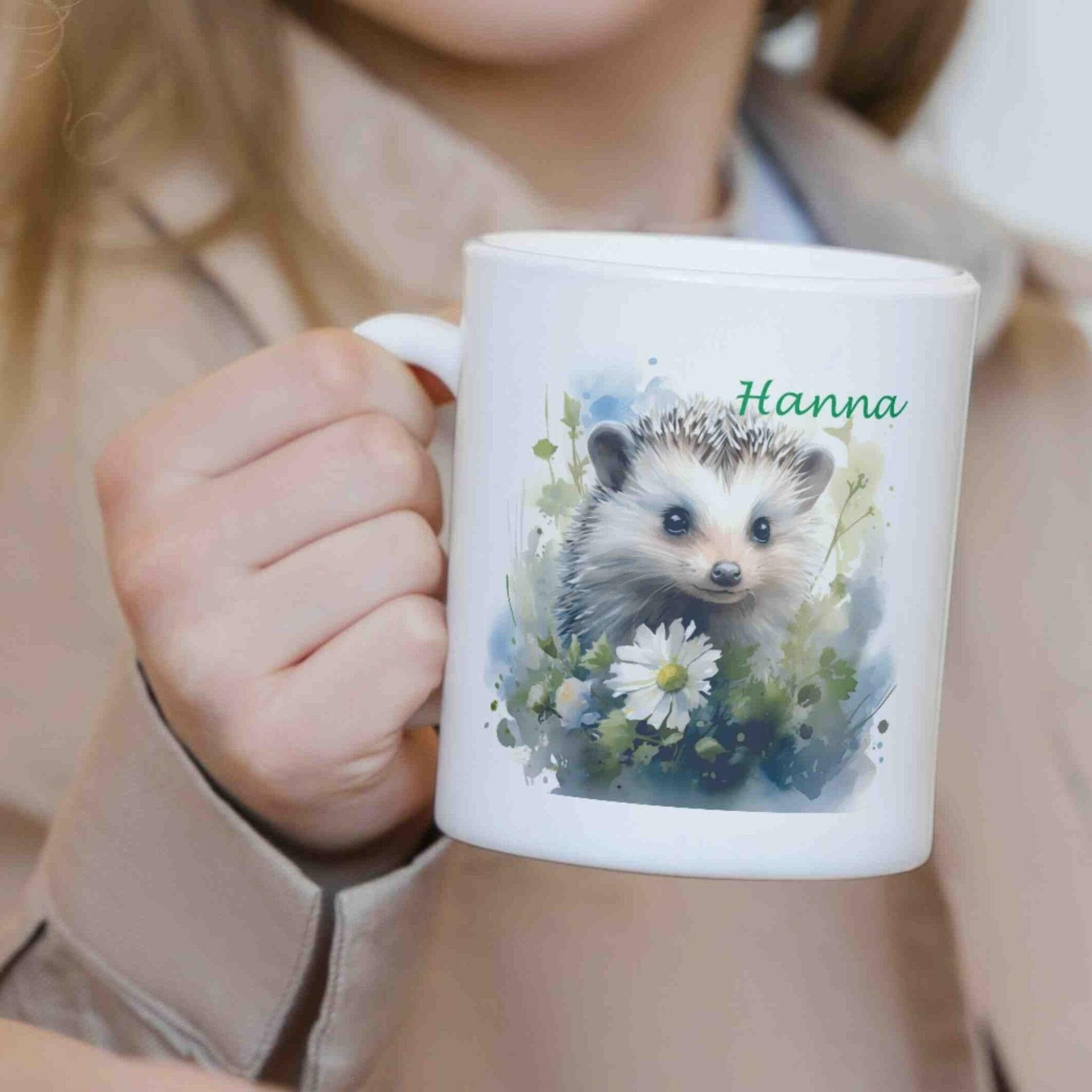 Personalisierte Tasse weißer Igel.