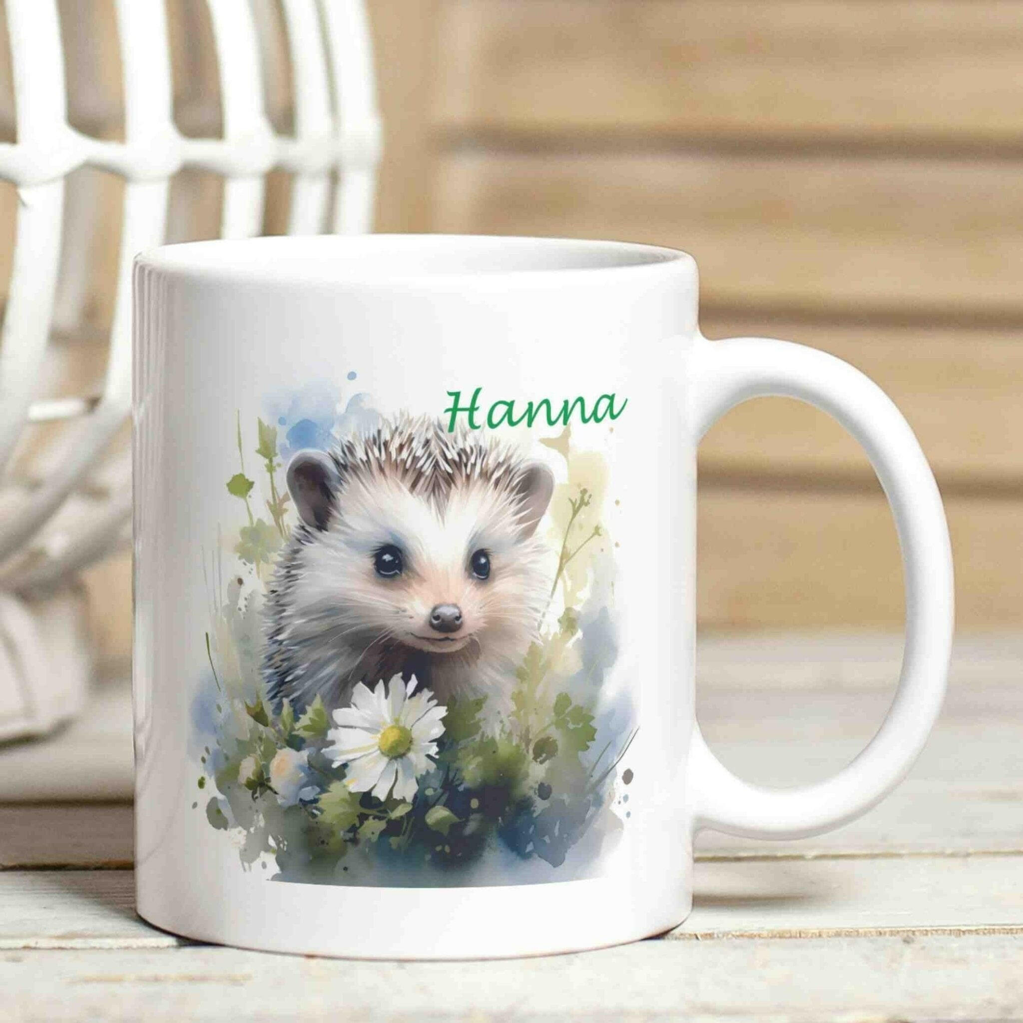 Personalisierte Tasse weißer Igel.