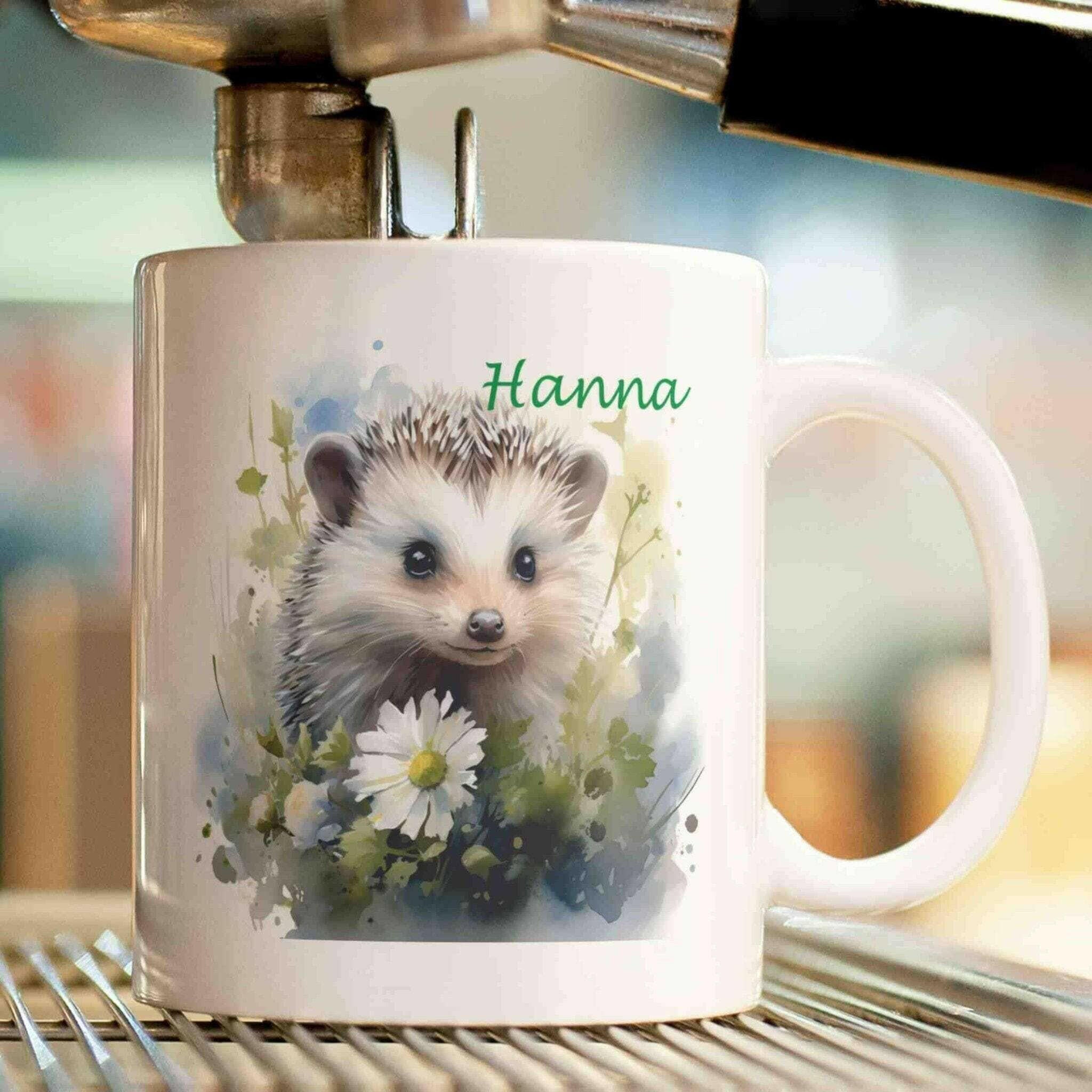 Personalisierte Tasse weißer Igel.