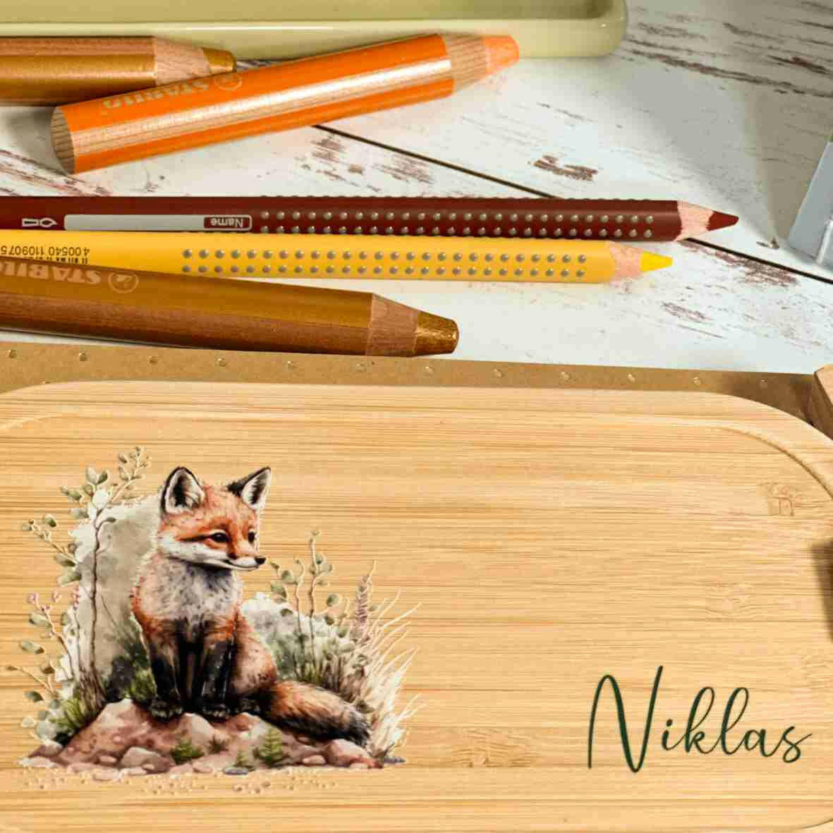 Personalisierte Brotdose Fuchs, farbig bedruckt - Edelstahl mit Bambusdeckel.