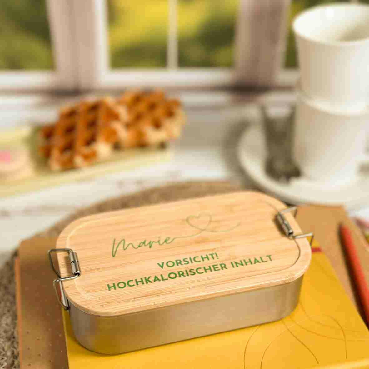 Personalisierte Brotdose - Name, Herz, Spruch Grün.