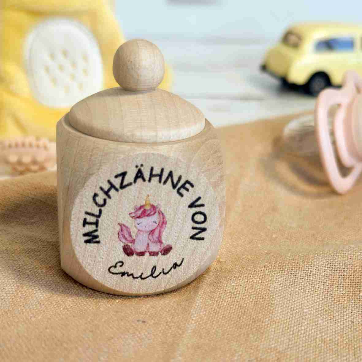 Personalisierte Milchzahndose Einhorn-2 aus Holz