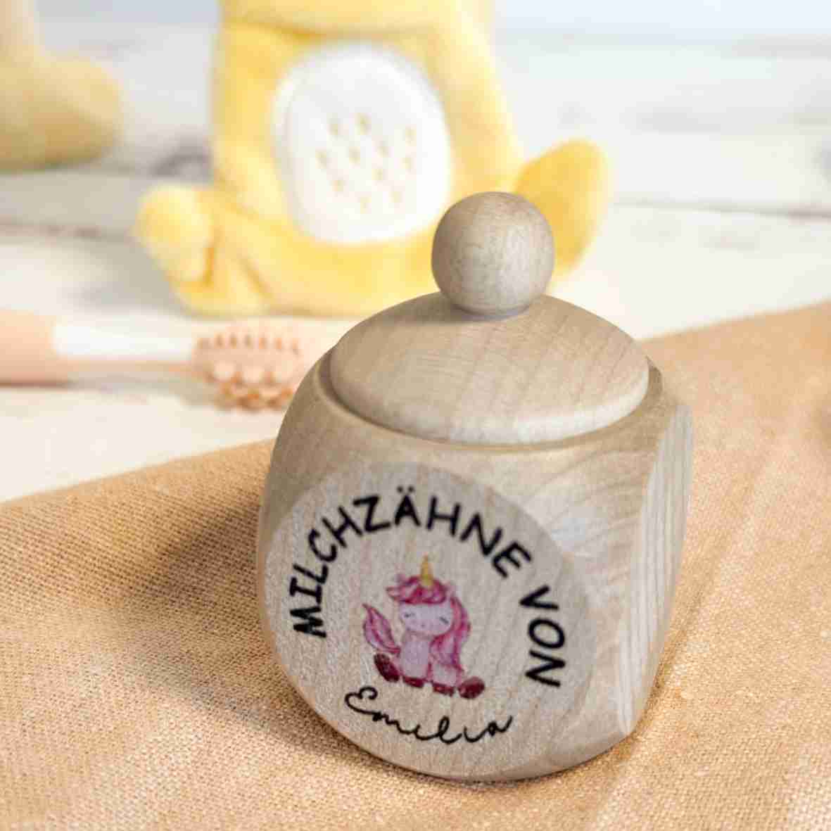 Personalisierte Milchzahndose Einhorn-2 aus Holz