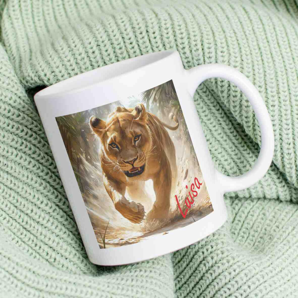 Personalisierte Tasse mächtige Löwin.