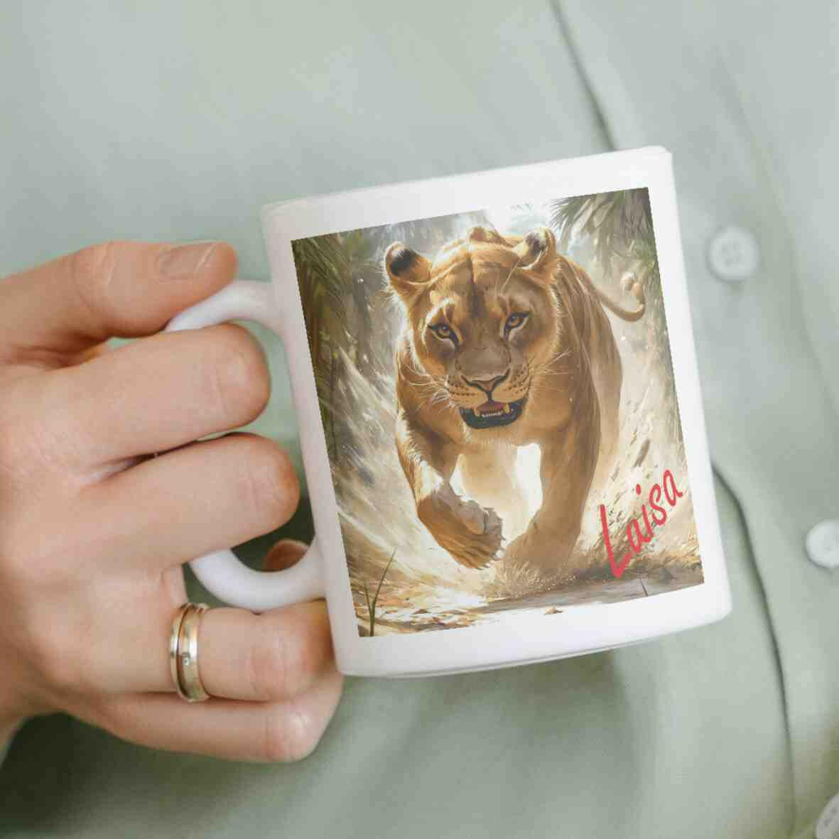 Personalisierte Tasse mächtige Löwin.