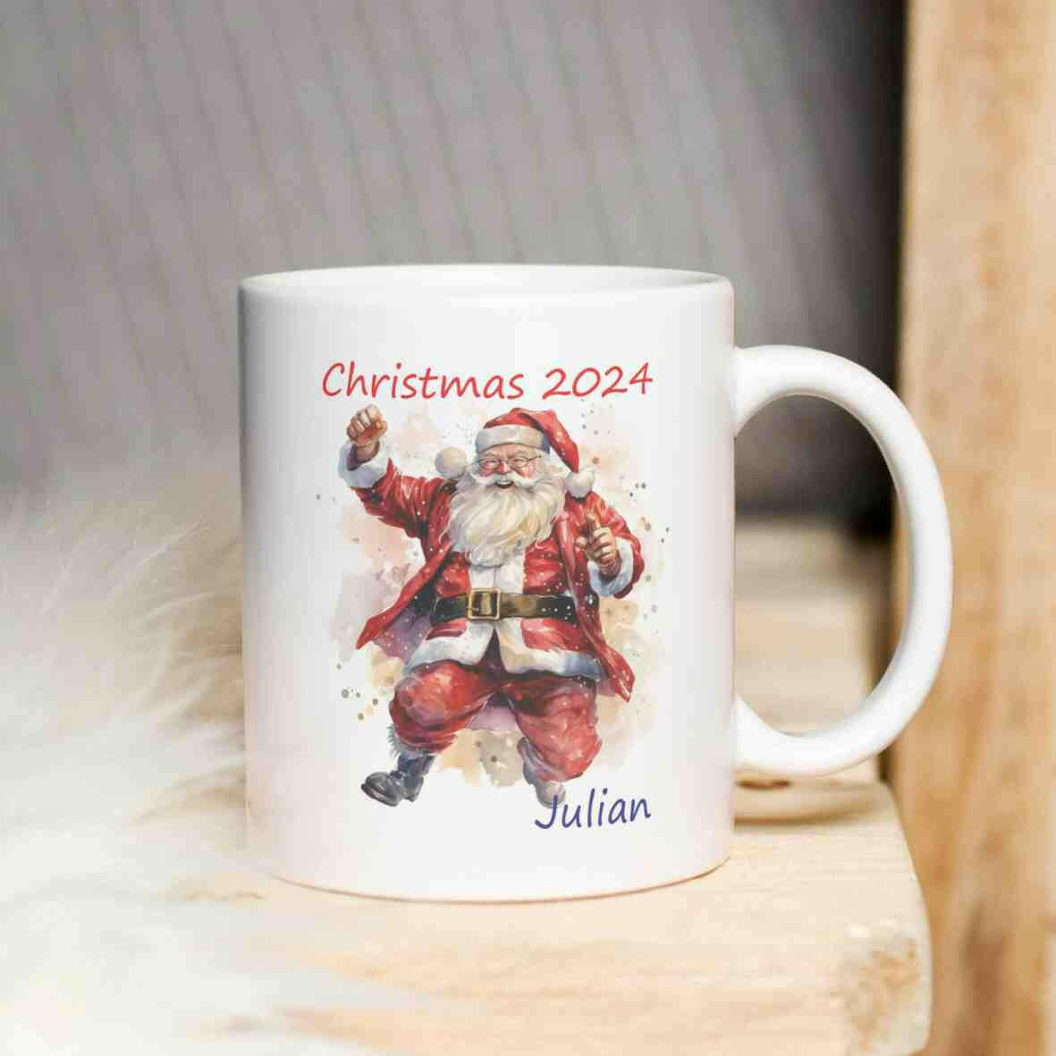Tasse, Santa Claus 2024 und Wunschname.