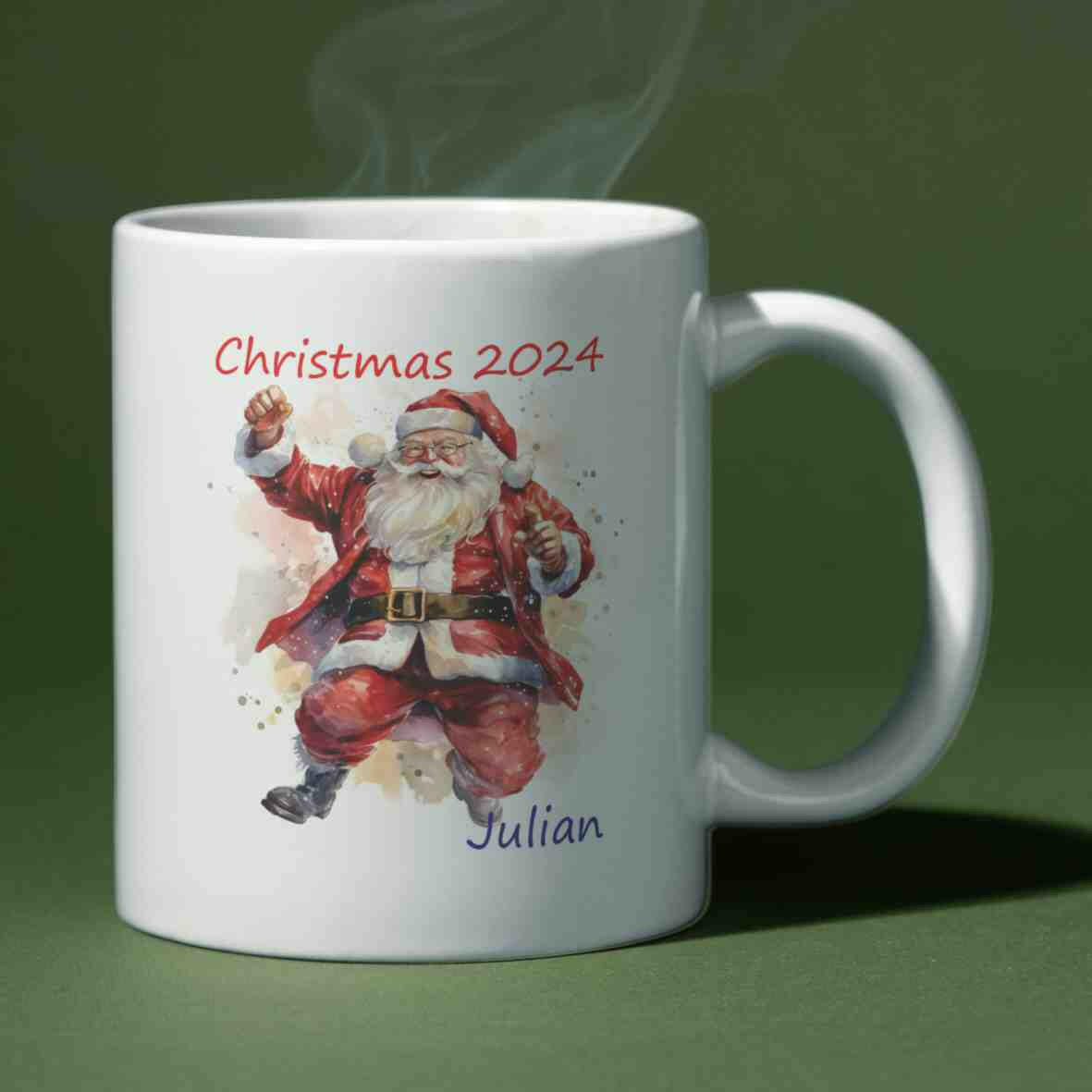 Tasse, Santa Claus 2024 und Wunschname.