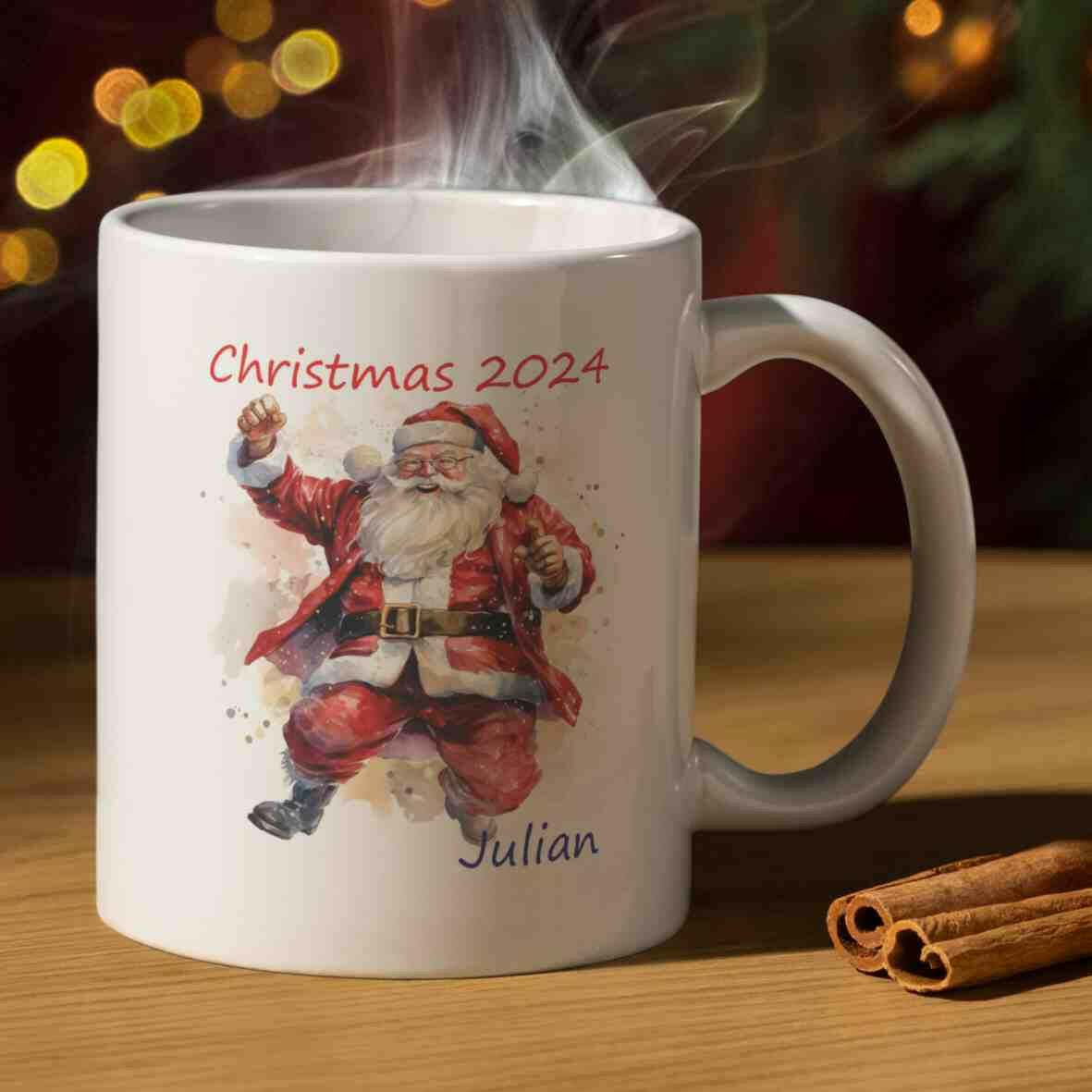 Tasse, Santa Claus 2024 und Wunschname.