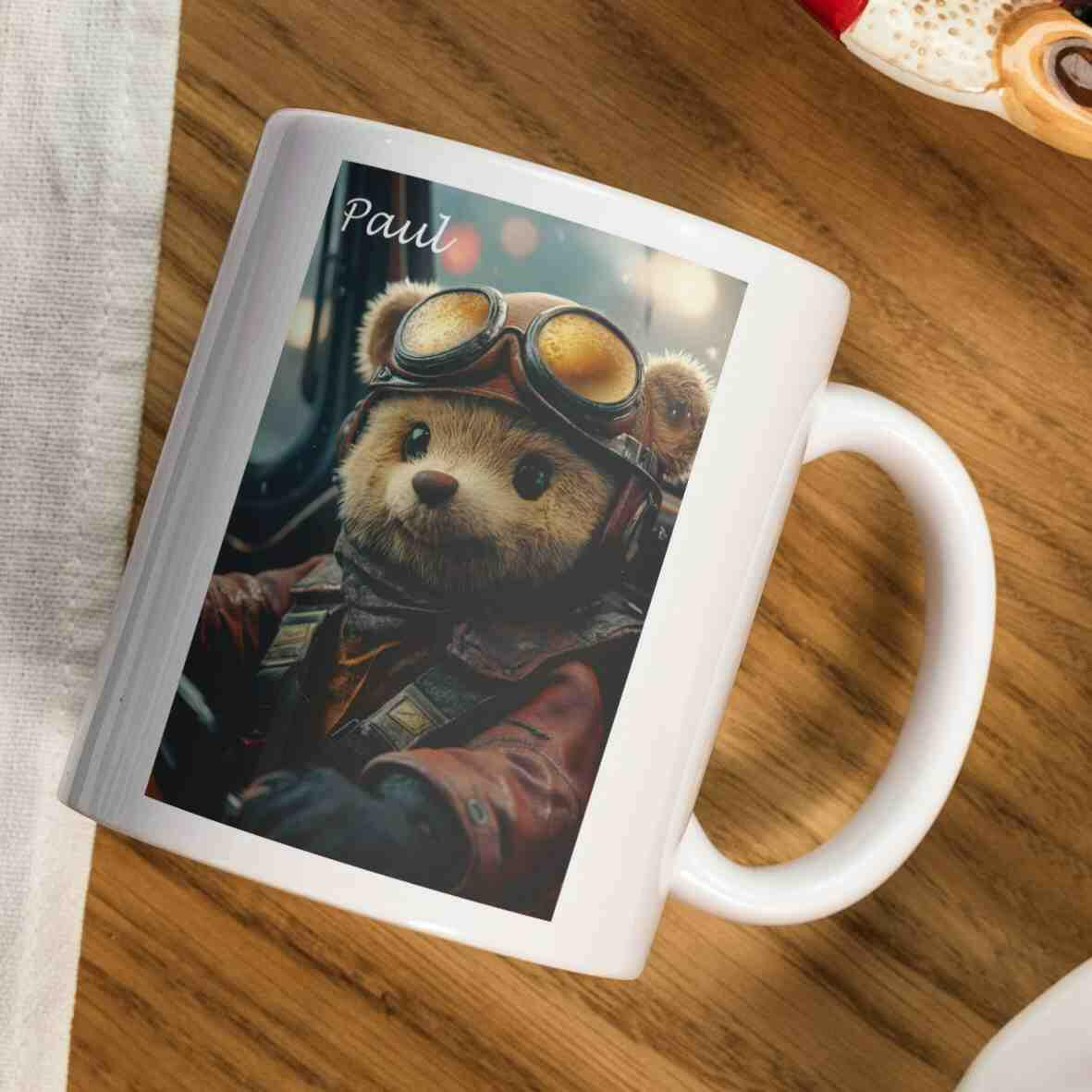 Personalisierte Tasse Teddybär Pilot.
