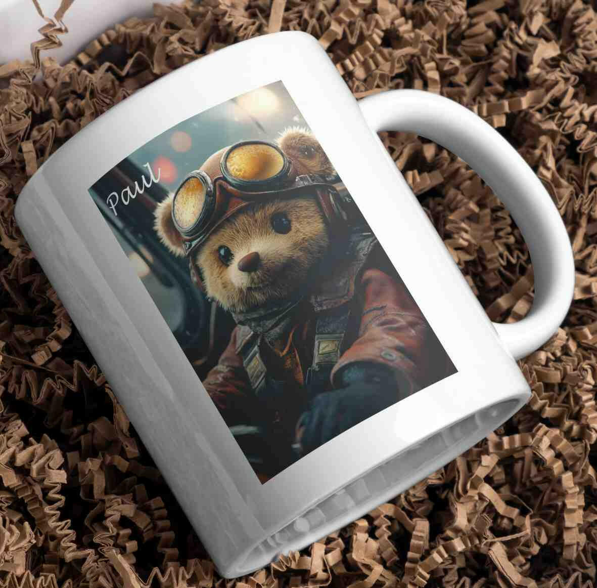 Personalisierte Tasse Teddybär Pilot.