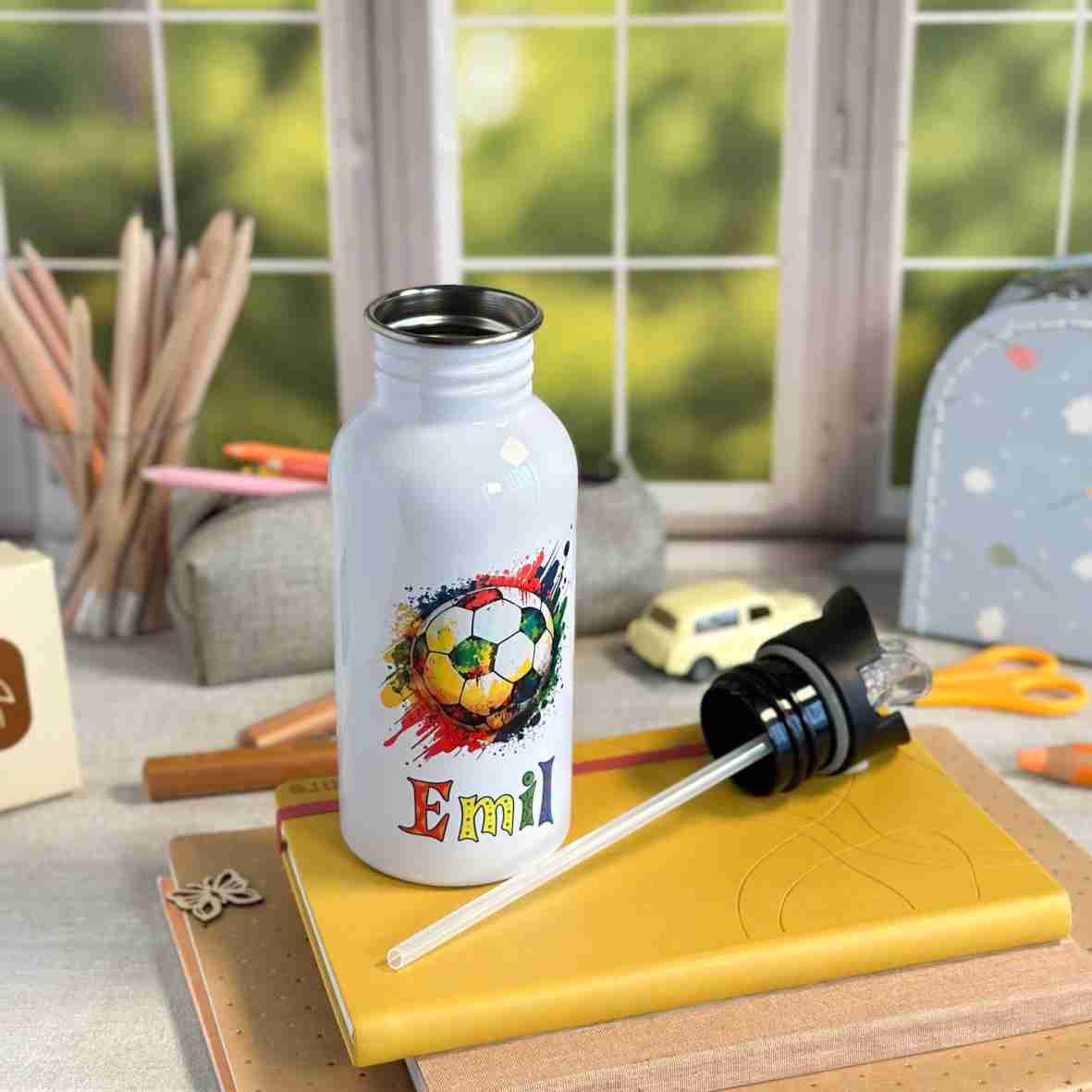 Edelstahl-Trinkflasche Fußball mit Name