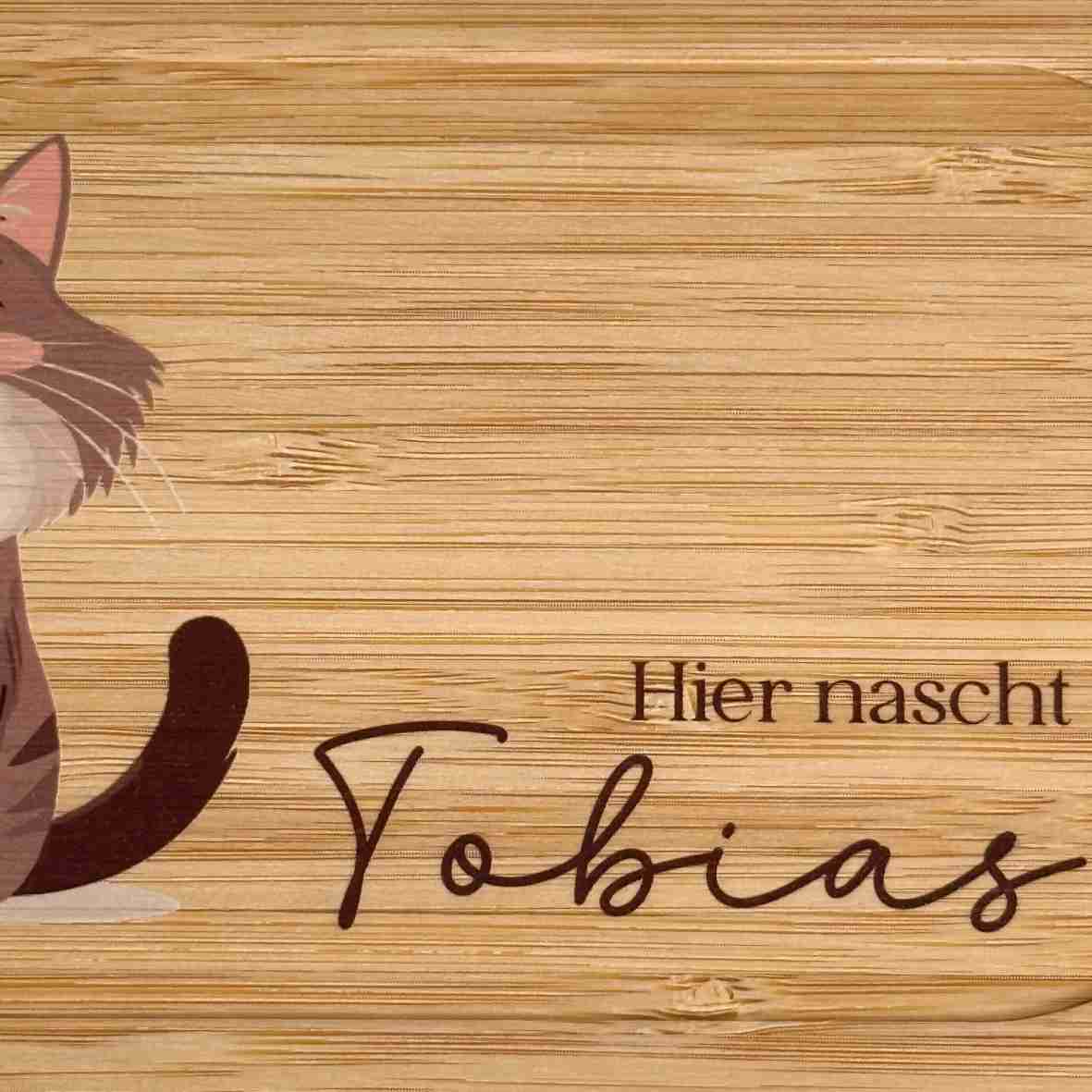 Personalisierte Edelstahl-Brotdose mit Bambusdeckel, Katzenmotiv und Namen „Tobias“.