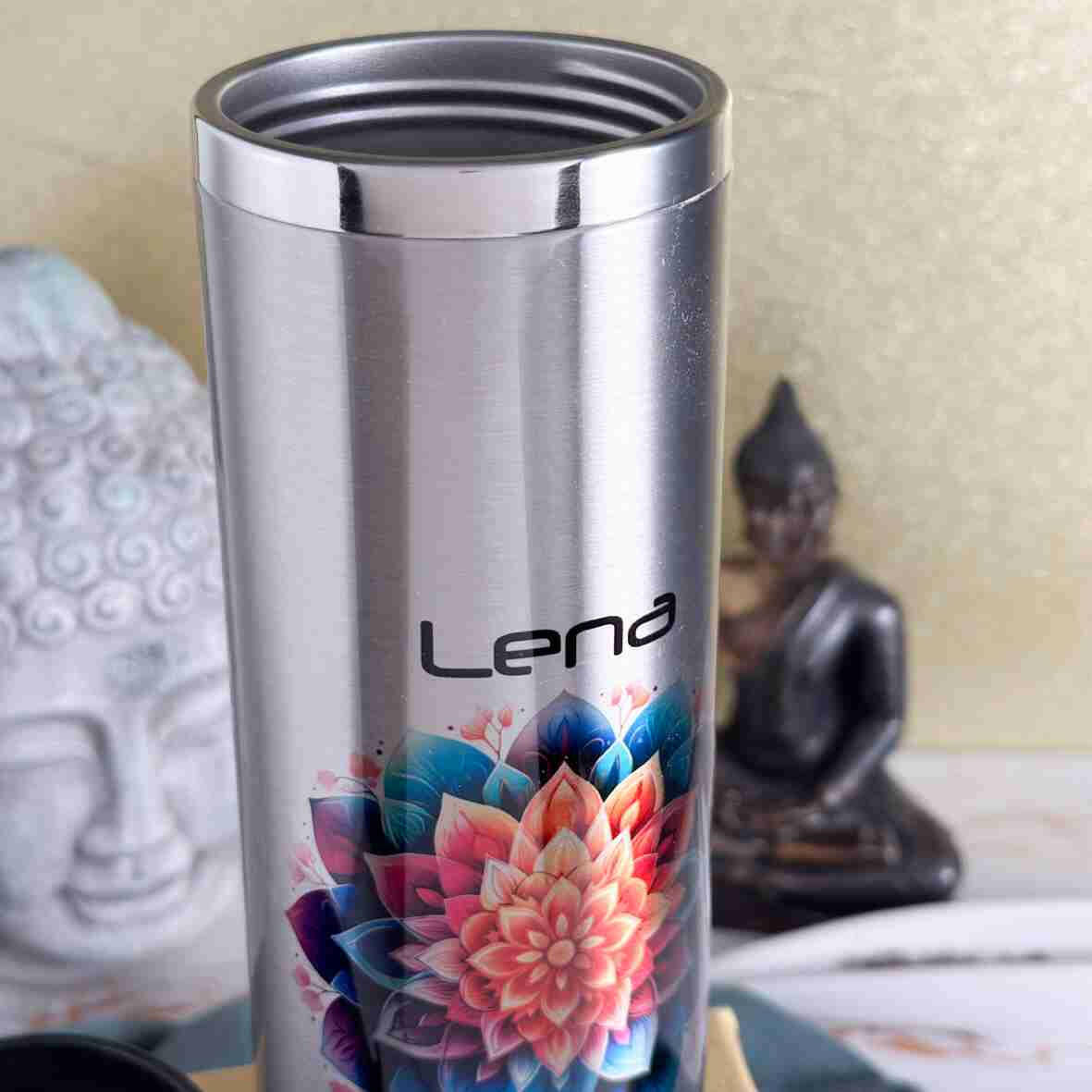 Thermobecher glänzend Namaste bunt.