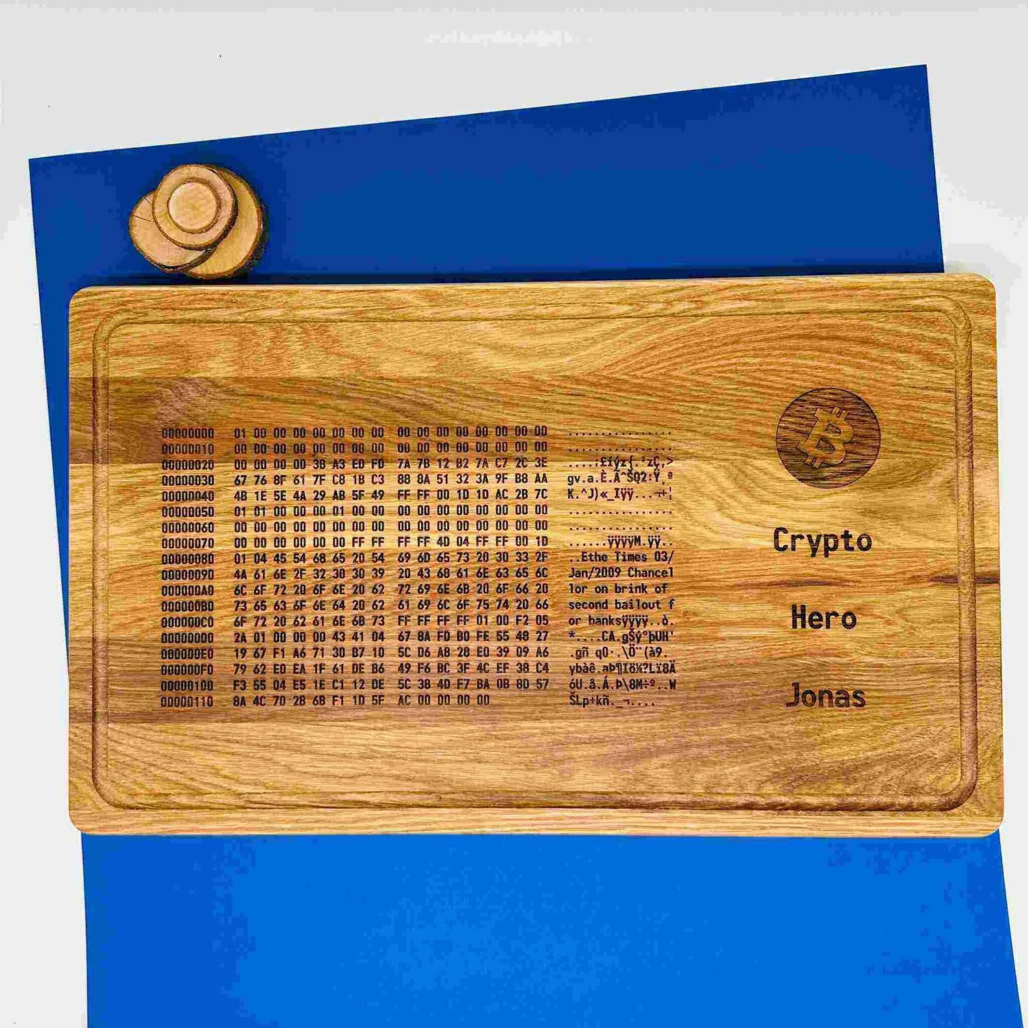 Personalisiertes Schneidebrett Eiche Bitcoin Genesis Block.