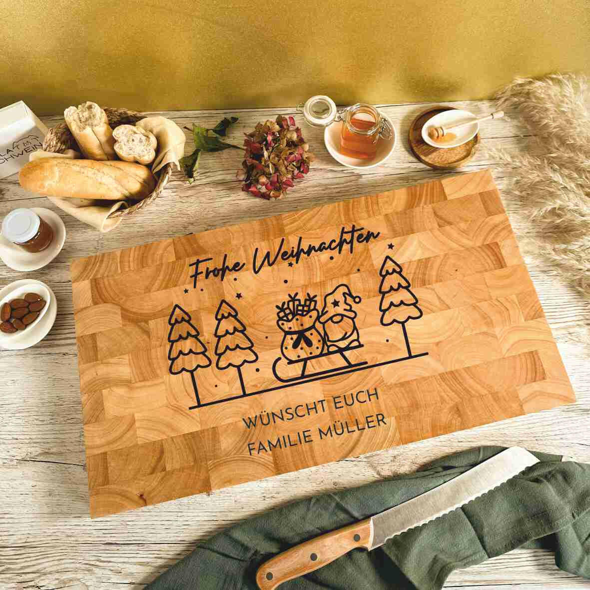 Personalisiertes Schneidebrett Stirnholz Frohe Weihnachten extragroß.