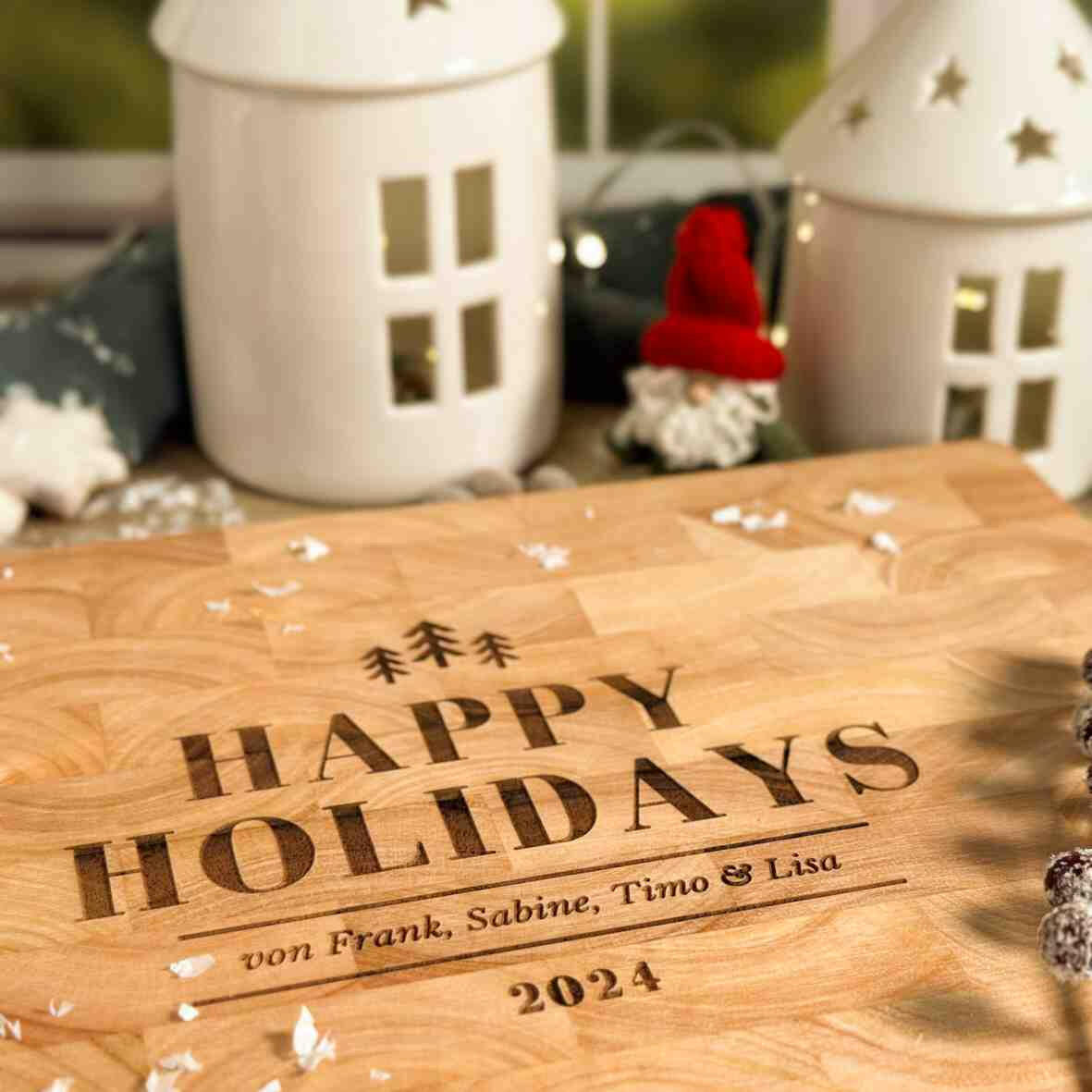 Personalisiertes Schneidebrett Stirnholz Happy Holidays 2024.