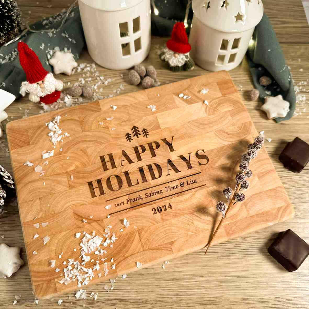Personalisiertes Schneidebrett Stirnholz Happy Holidays 2024.