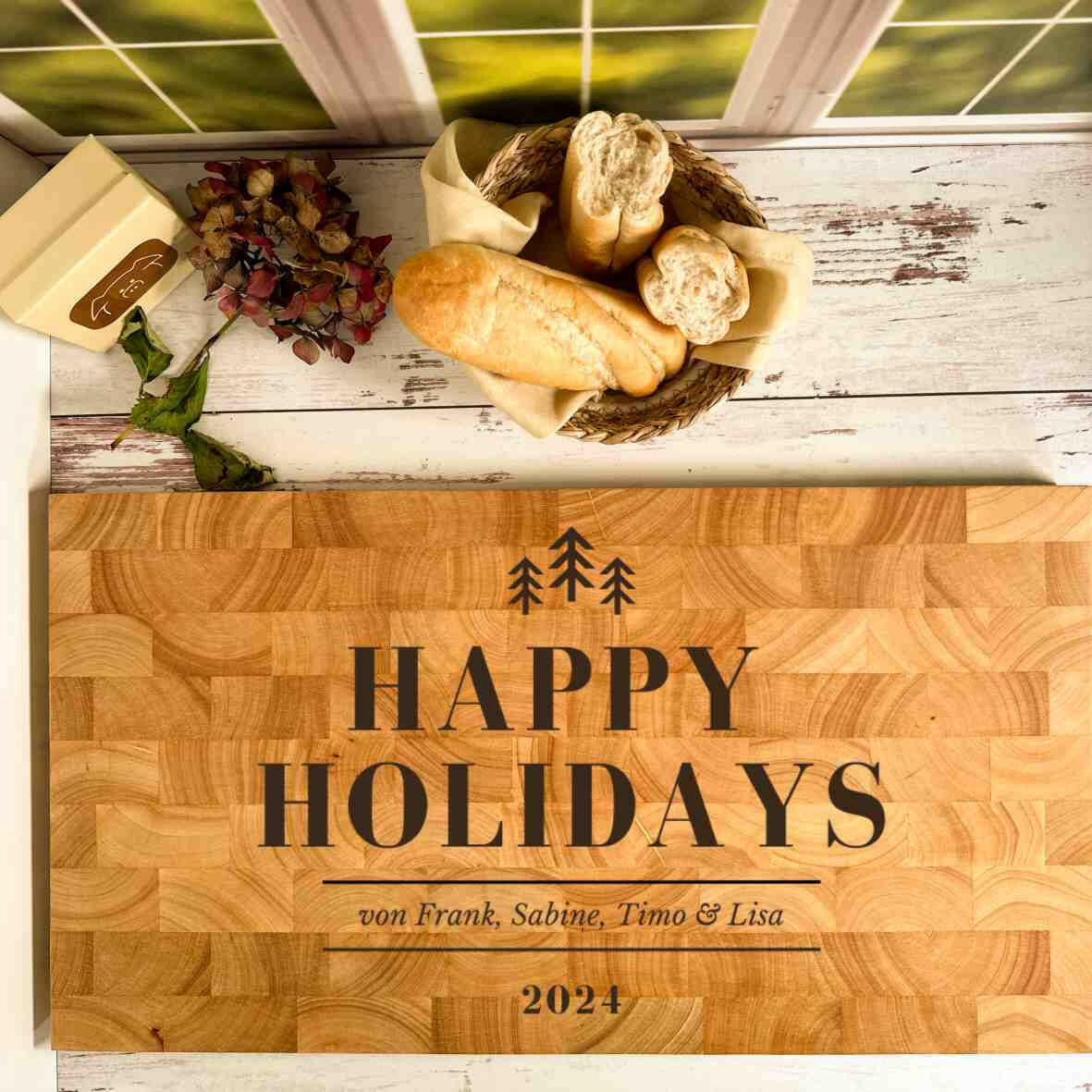 Personalisiertes Schneidebrett Stirnholz Happy Holidays extragroß.