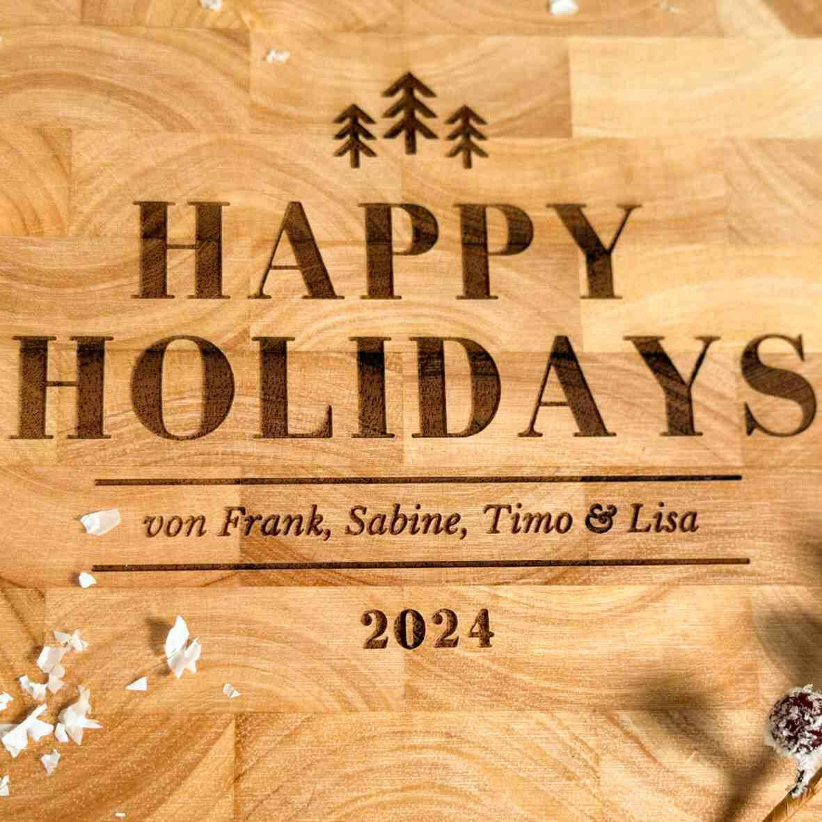 Personalisiertes Schneidebrett Stirnholz Happy Holidays extragroß.